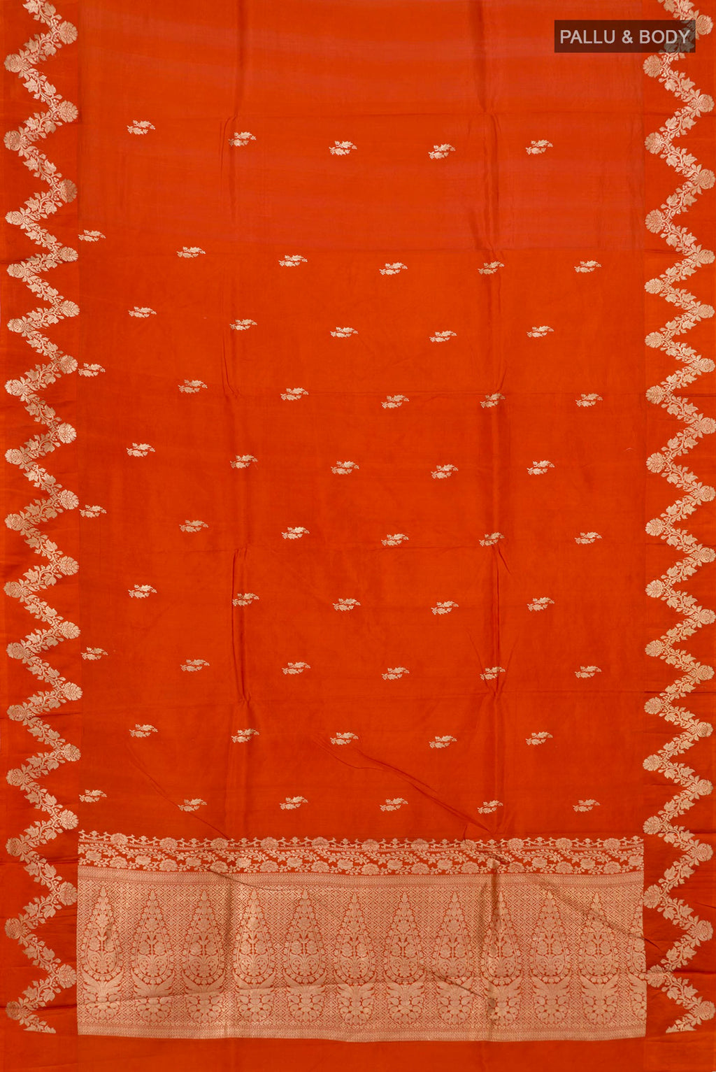 Flat view of Orange Banarasi Katan Silk Saree with Zari Butta on the body and Fancy Border. 