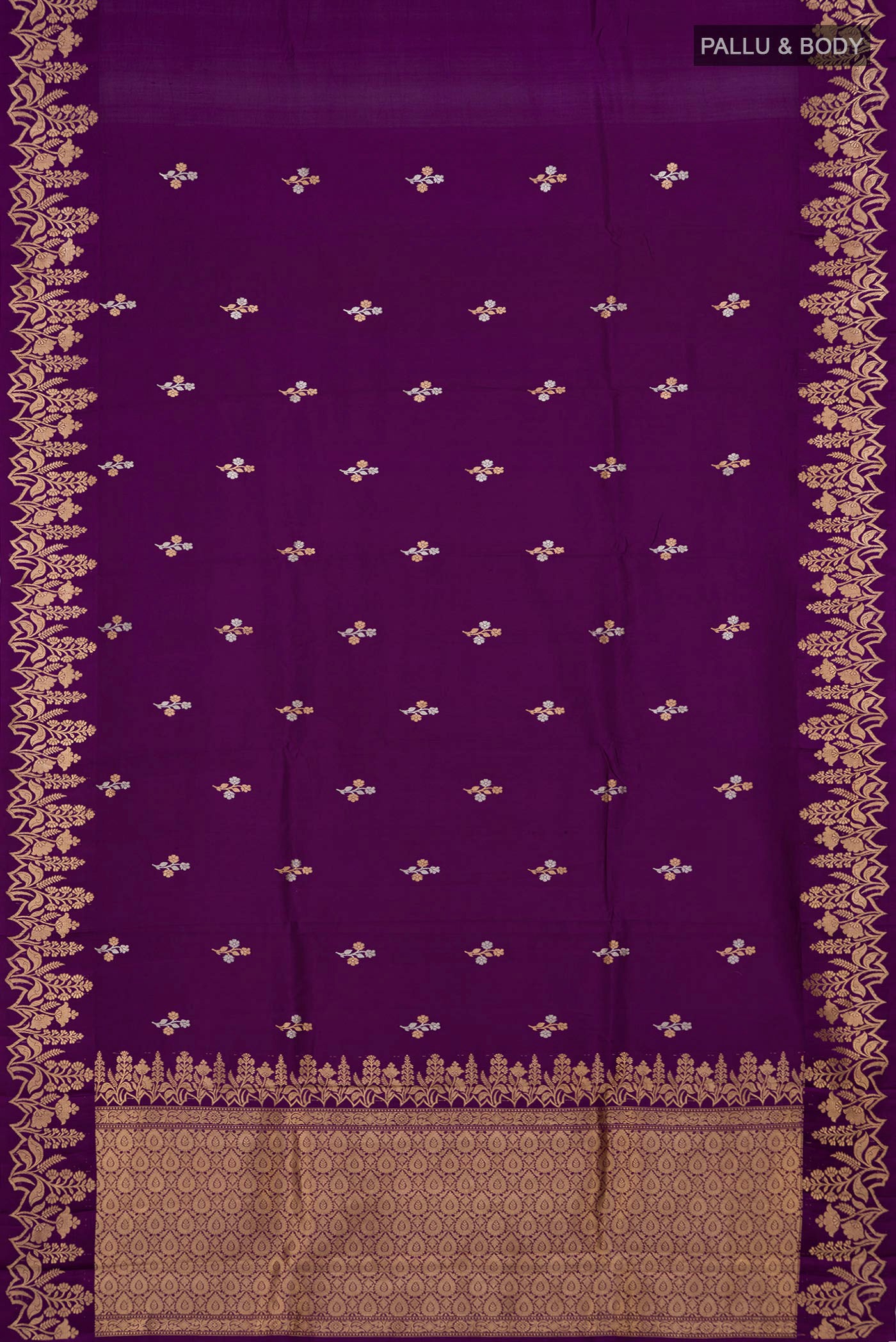 Flat view of Violet Banarasi Katan Silk Saree with Zari Butta on the body and Fancy Border. 