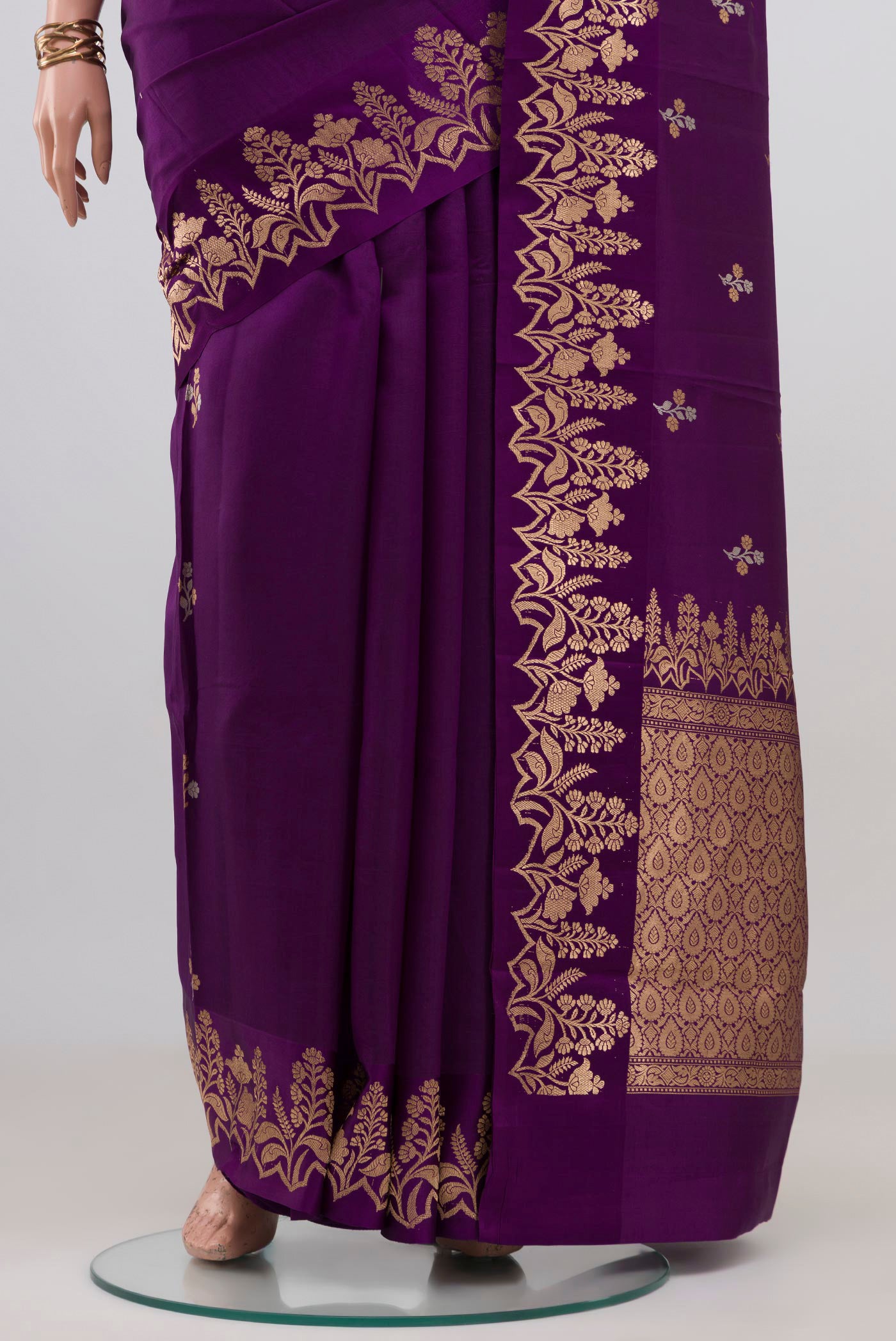 Pleats and pallu of Violet Banarasi Katan Silk Saree with Zari Butta on the body and Fancy Border. 