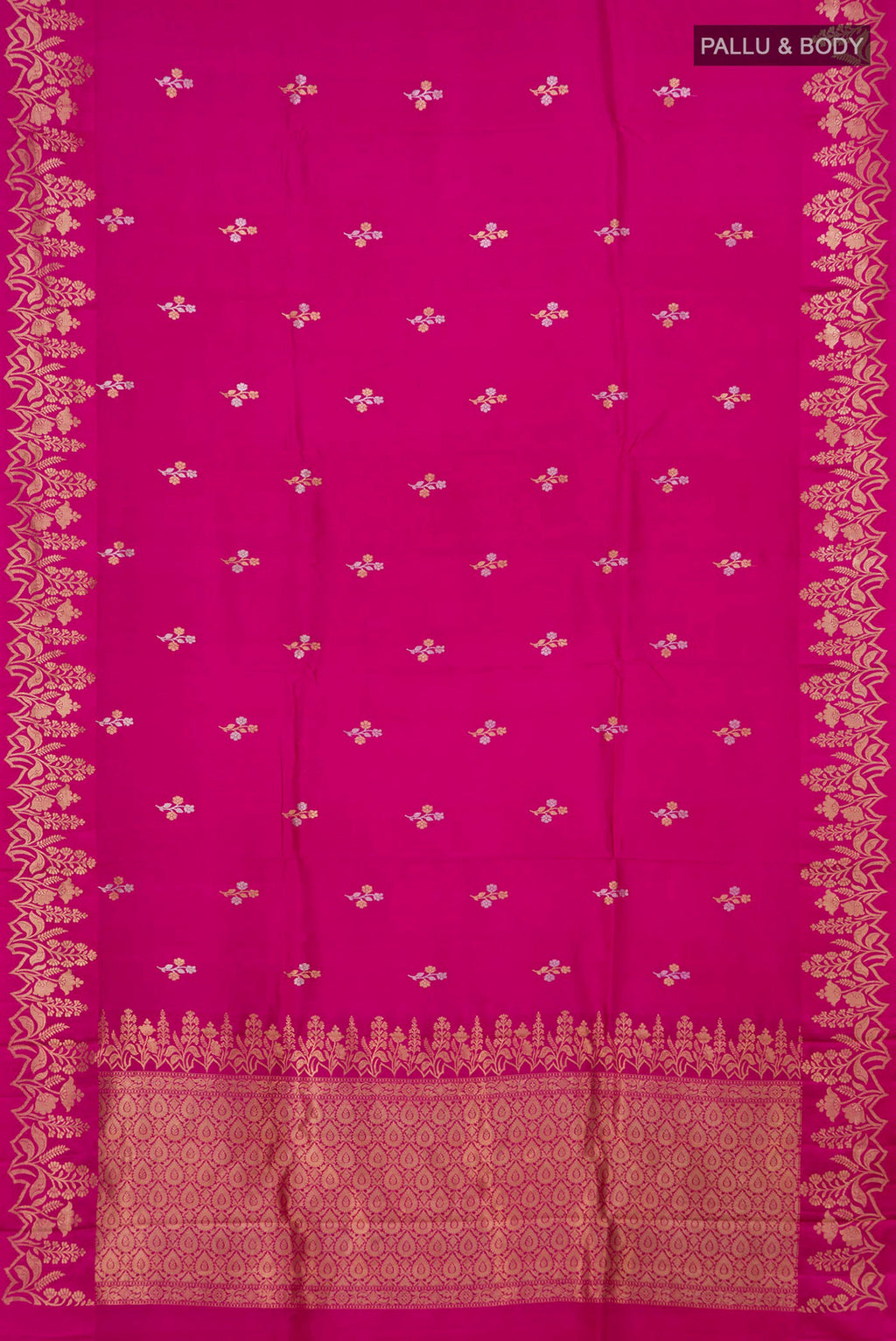 Flat view of Pink Banarasi Katan Silk Saree with Zari Butta on the body and Fancy Border. 