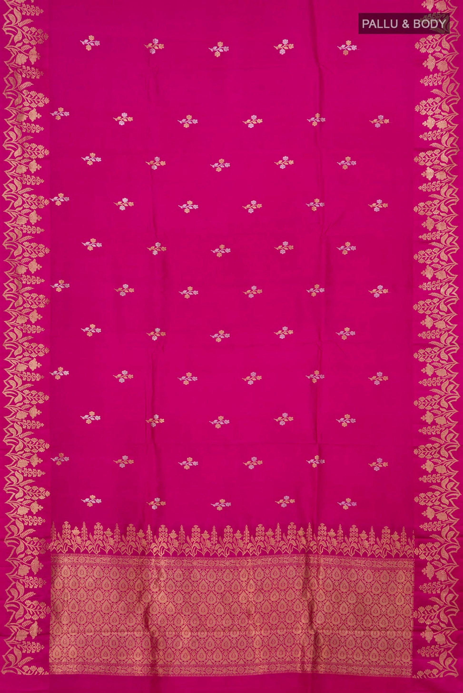 Flat view of Pink Banarasi Katan Silk Saree with Zari Butta on the body and Fancy Border. 