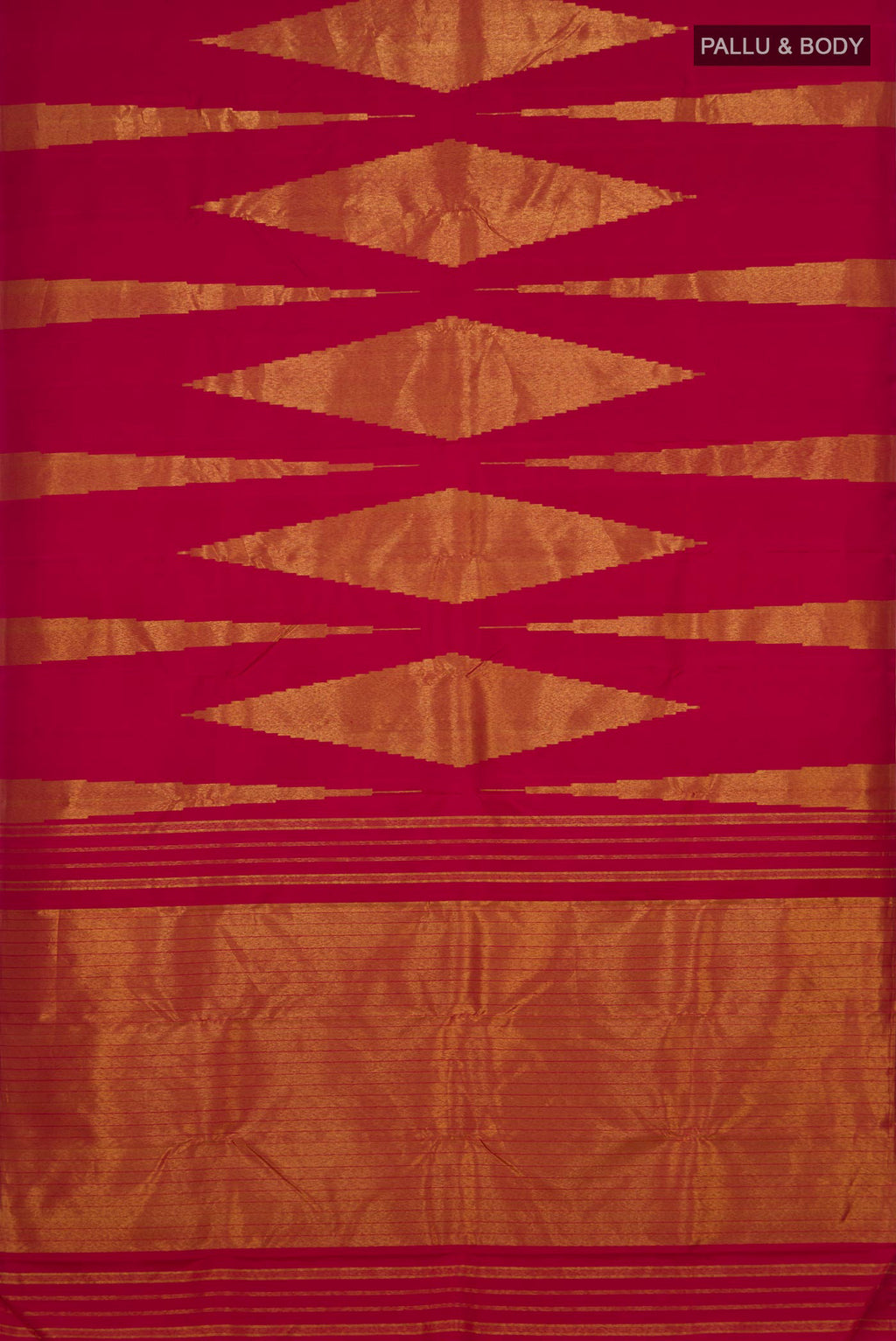 Flat view of Pure Silk Pure Zari Maroon Kanjivaram Saree with Fancy on the body and Rising Temple Border. 