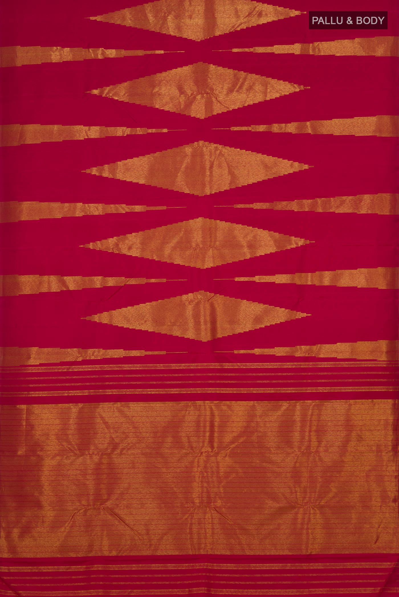 Flat view of Pure Silk Pure Zari Maroon Kanjivaram Saree with Fancy on the body and Rising Temple Border. 