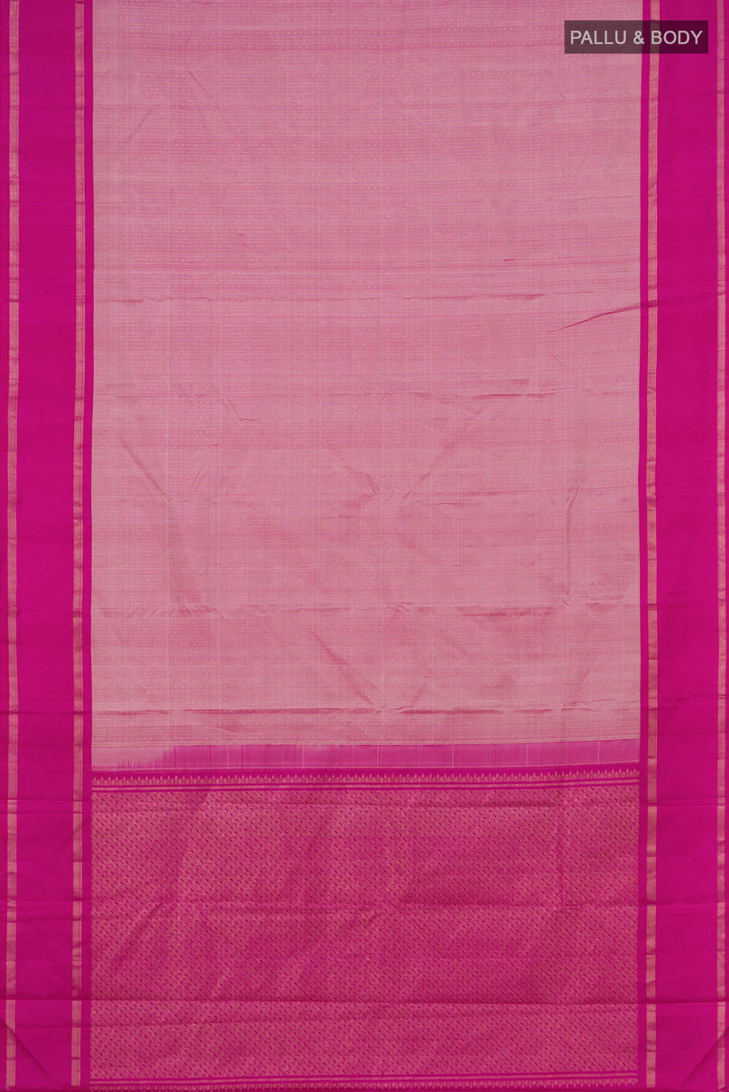 Flat view of Rose pink Kanchipuram Silk Saree with Stripes on the body and Plain Border. 