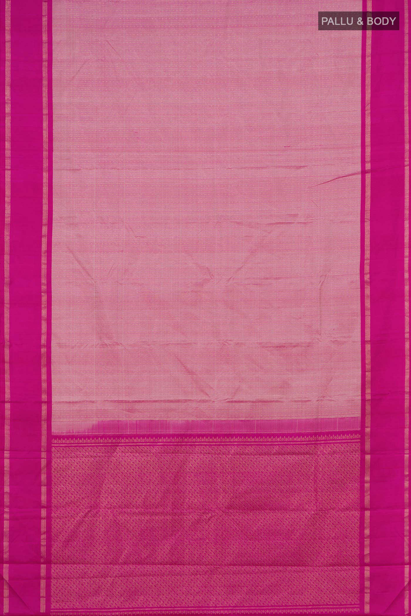 Flat view of Rose pink Kanchipuram Silk Saree with Stripes on the body and Plain Border. 