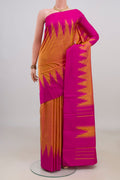 Pure Silk Yellow Kanjivaram Saree with Plain Body and Temple Border.  displayed on a mannequin