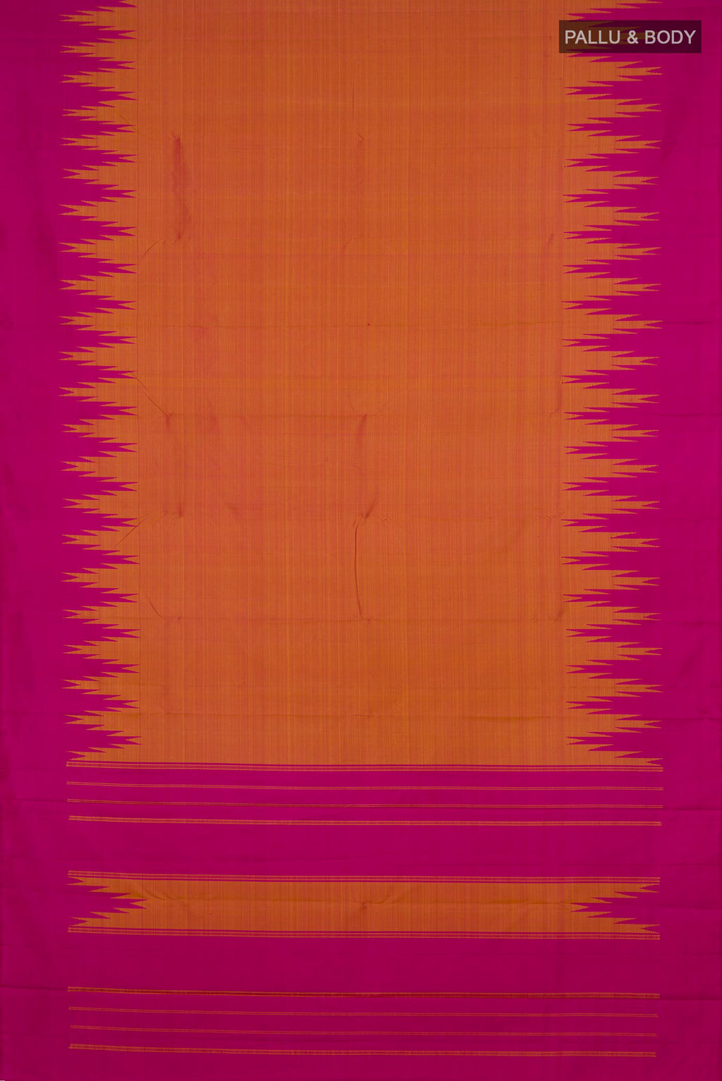 Flat view of Pure Silk Yellow Kanjivaram Saree with Plain Body and Temple Border. 
