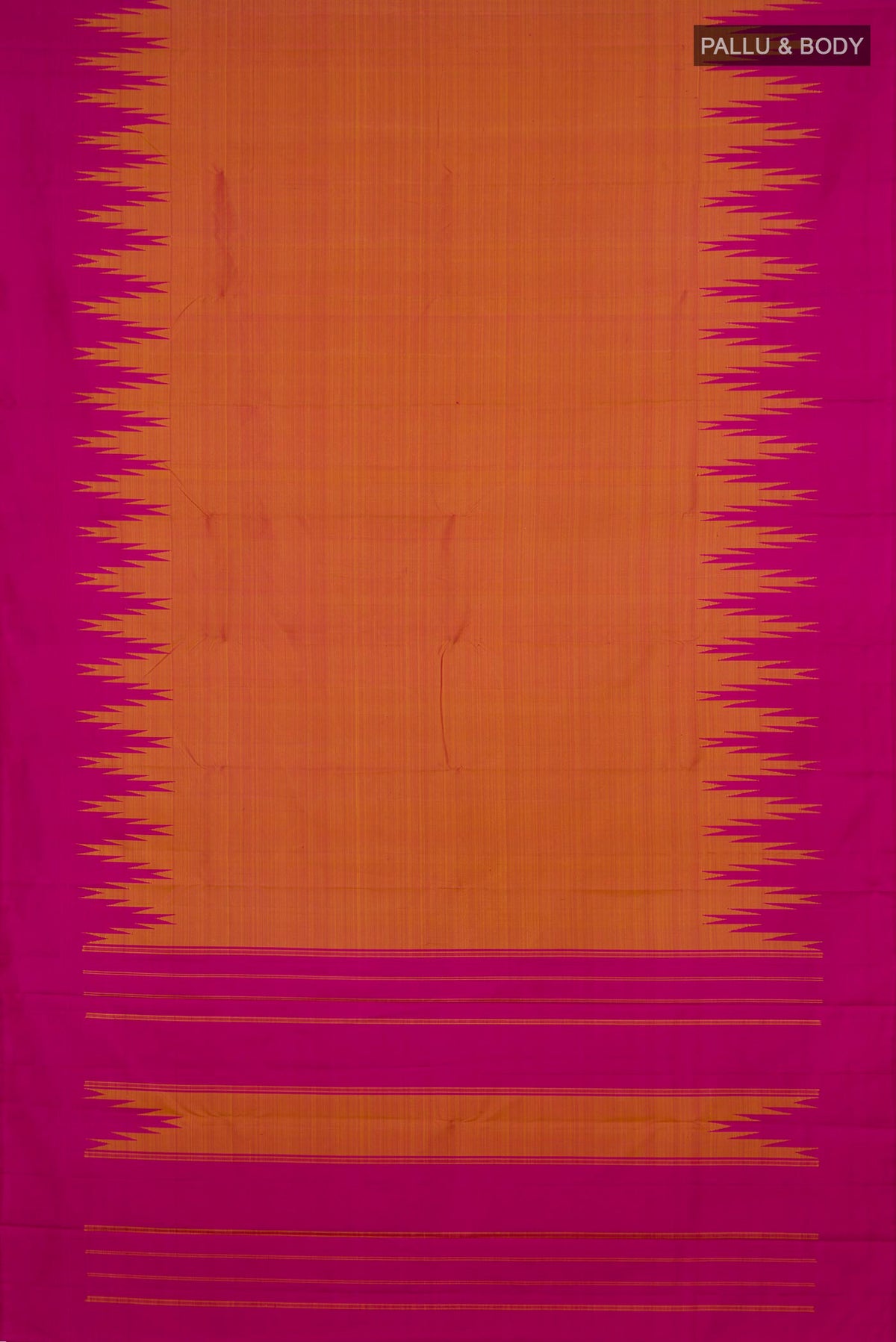 Flat view of Pure Silk Yellow Kanjivaram Saree with Plain Body and Temple Border. 
