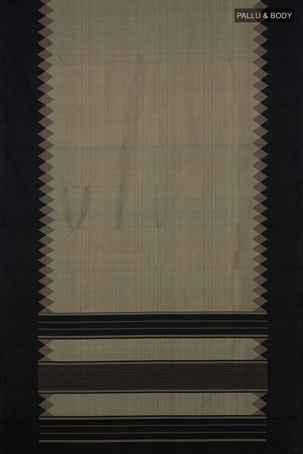 Flat view of Grey Kanjivaram Silk Saree with Plain Body and Temple Border. 