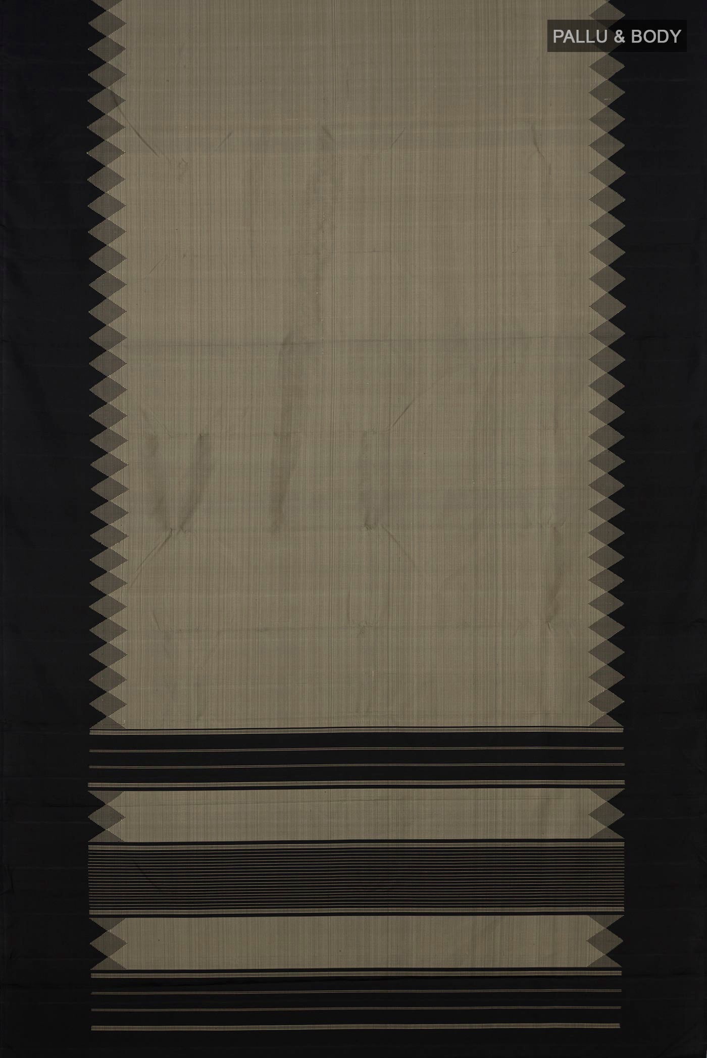 Flat view of Grey Kanjivaram Silk Saree with Plain Body and Temple Border. 