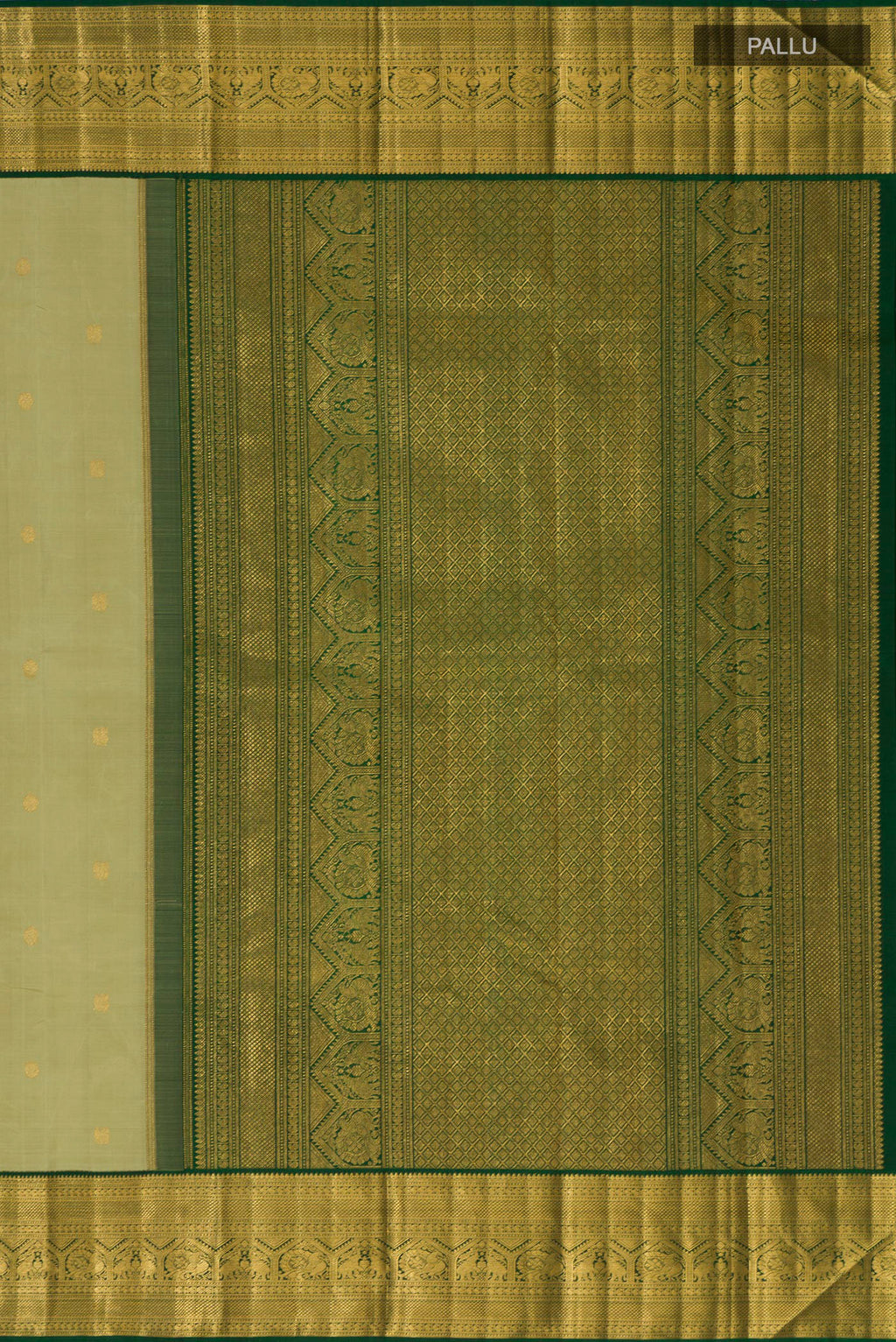 Close up image of the pallu of Light Green Kanchipuram Silk Saree with Zari Butta on the body and Zari Border. 