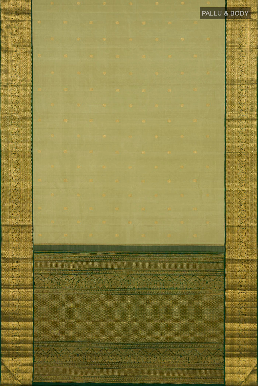 Flat view of Light Green Kanchipuram Silk Saree with Zari Butta on the body and Zari Border. 