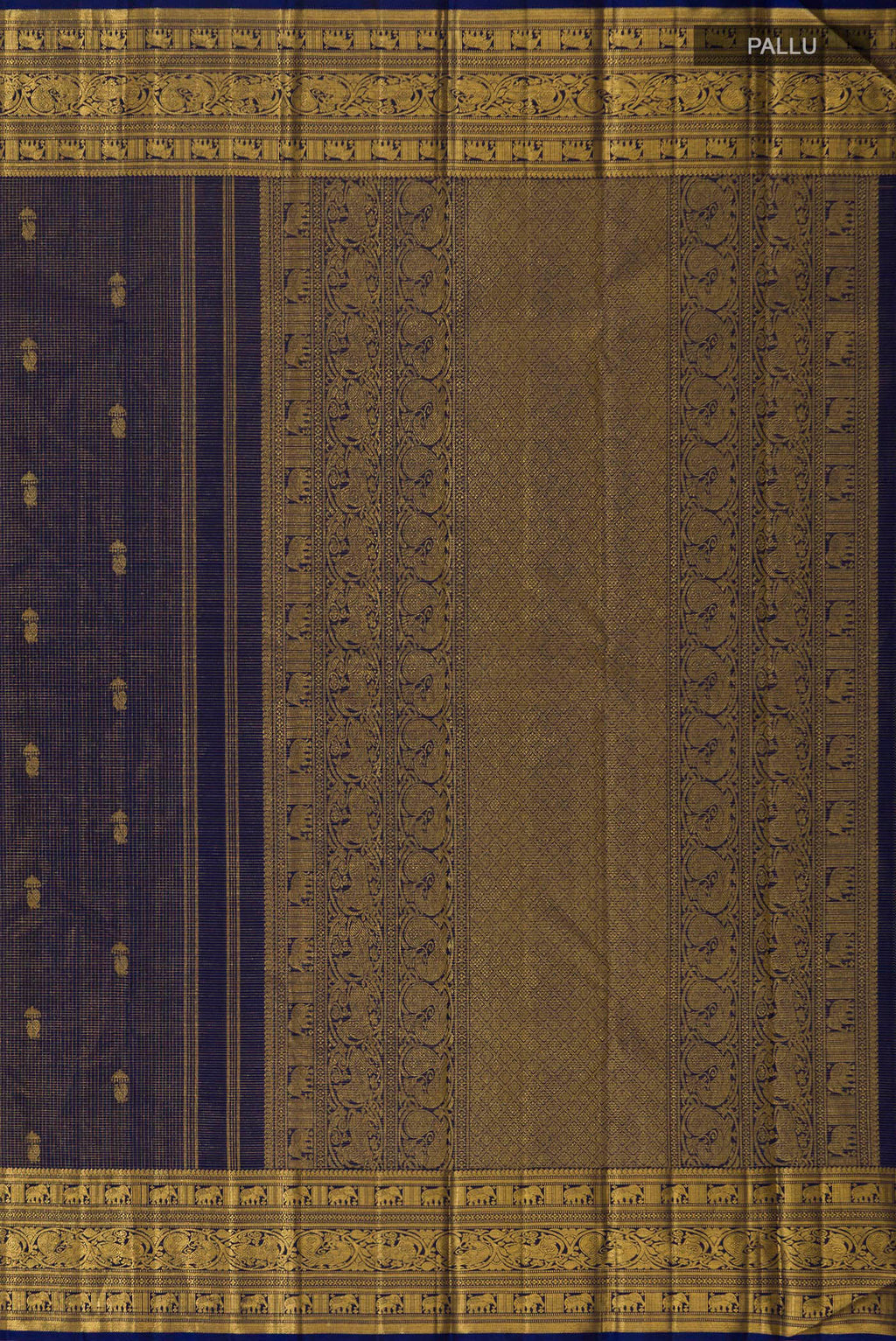 Close up image of the pallu of Navy Blue Kanchipuram Silk Saree with Zari Butta on the body and Zari Border. 