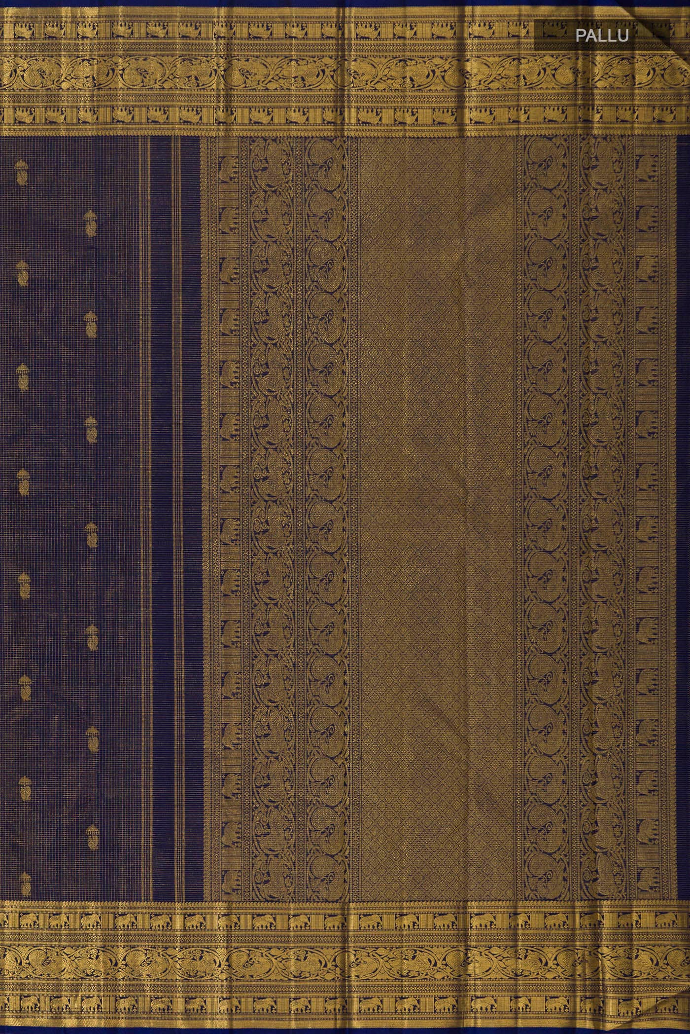 Close up image of the pallu of Navy Blue Kanchipuram Silk Saree with Zari Butta on the body and Zari Border. 