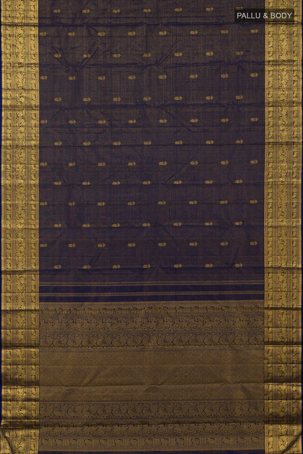 Flat view of Navy Blue Kanchipuram Silk Saree with Zari Butta on the body and Zari Border. 