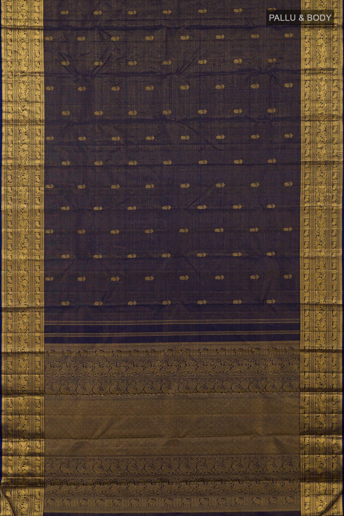 Flat view of Navy Blue Kanchipuram Silk Saree with Zari Butta on the body and Zari Border. 