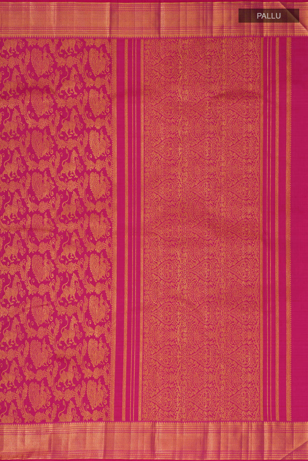 Close up image of the pallu of Pink Kanchipuram Silk Saree with Zari Brocade on the body and Zari Border. 