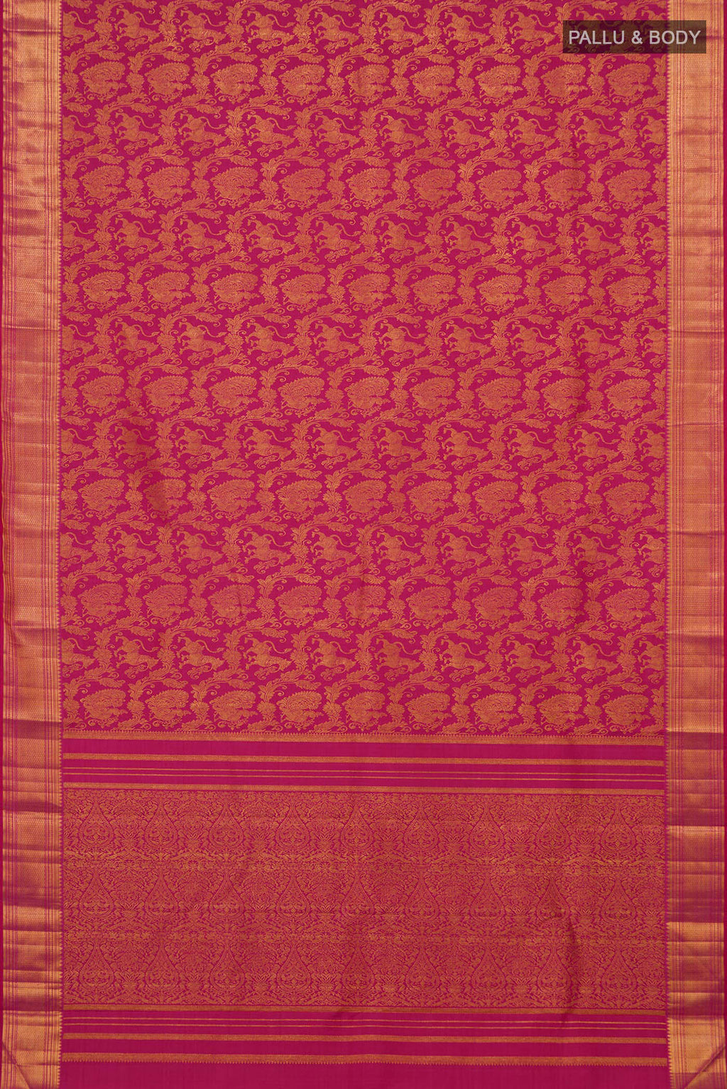 Flat view of Pink Kanchipuram Silk Saree with Zari Brocade on the body and Zari Border. 