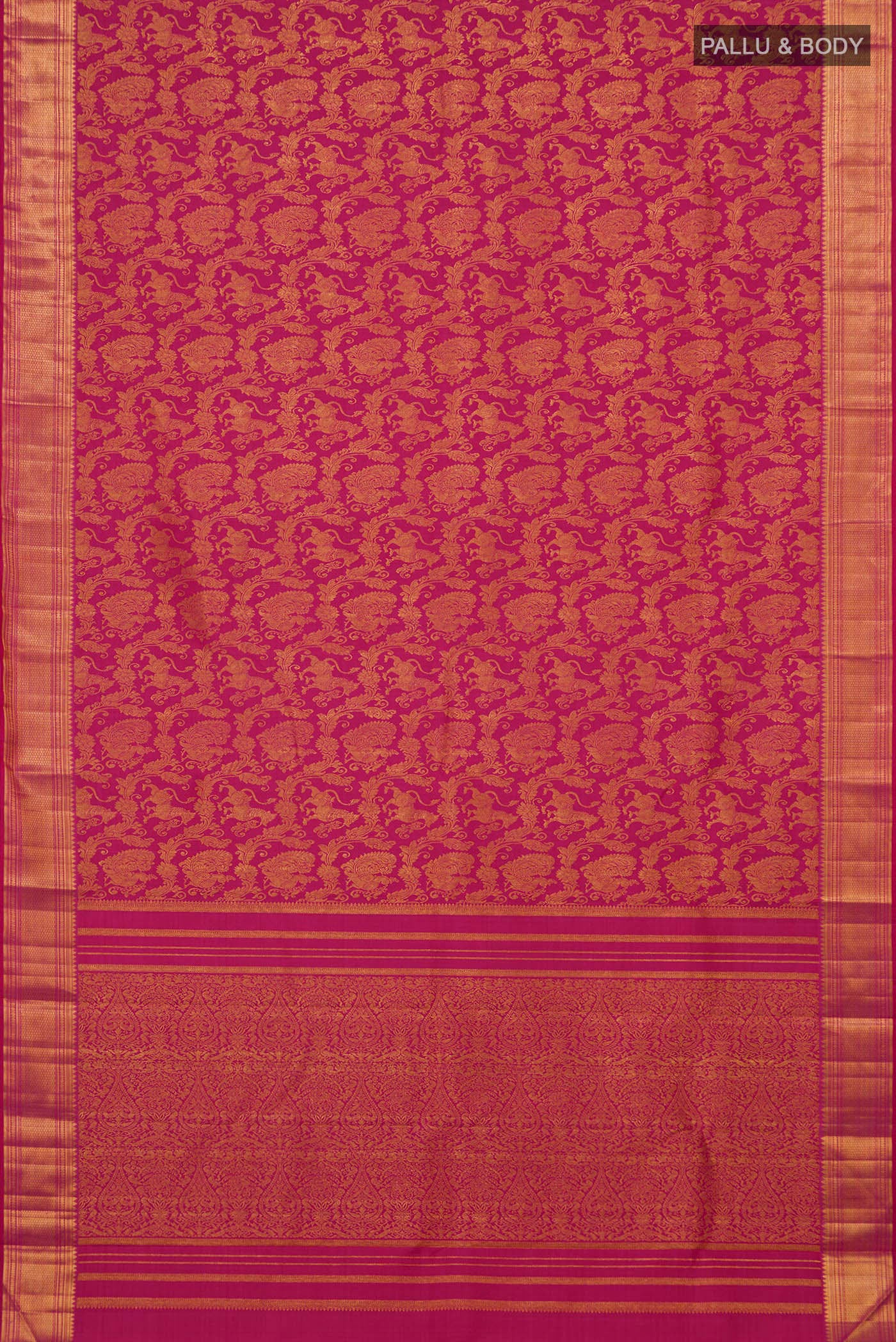 Flat view of Pink Kanchipuram Silk Saree with Zari Brocade on the body and Zari Border. 