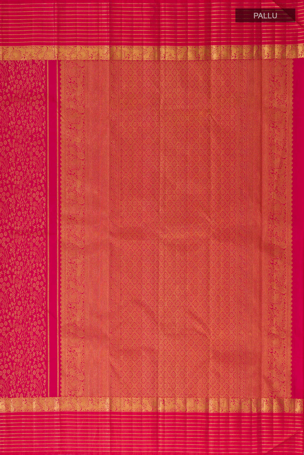 Close up image of the pallu of Pink Kanjivaram Silk Saree with Jacquard design on the body and Zari Border. 