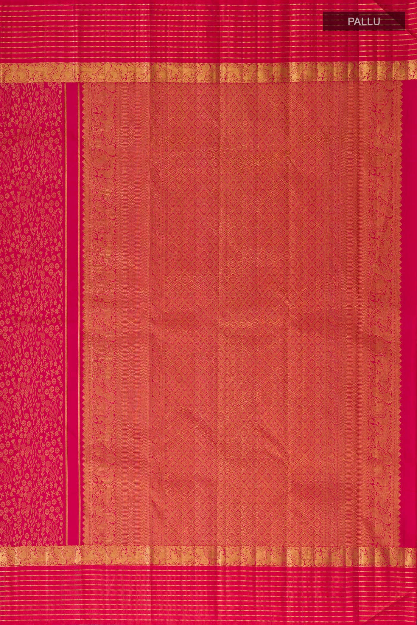 Close up image of the pallu of Pink Kanjivaram Silk Saree with Jacquard design on the body and Zari Border. 