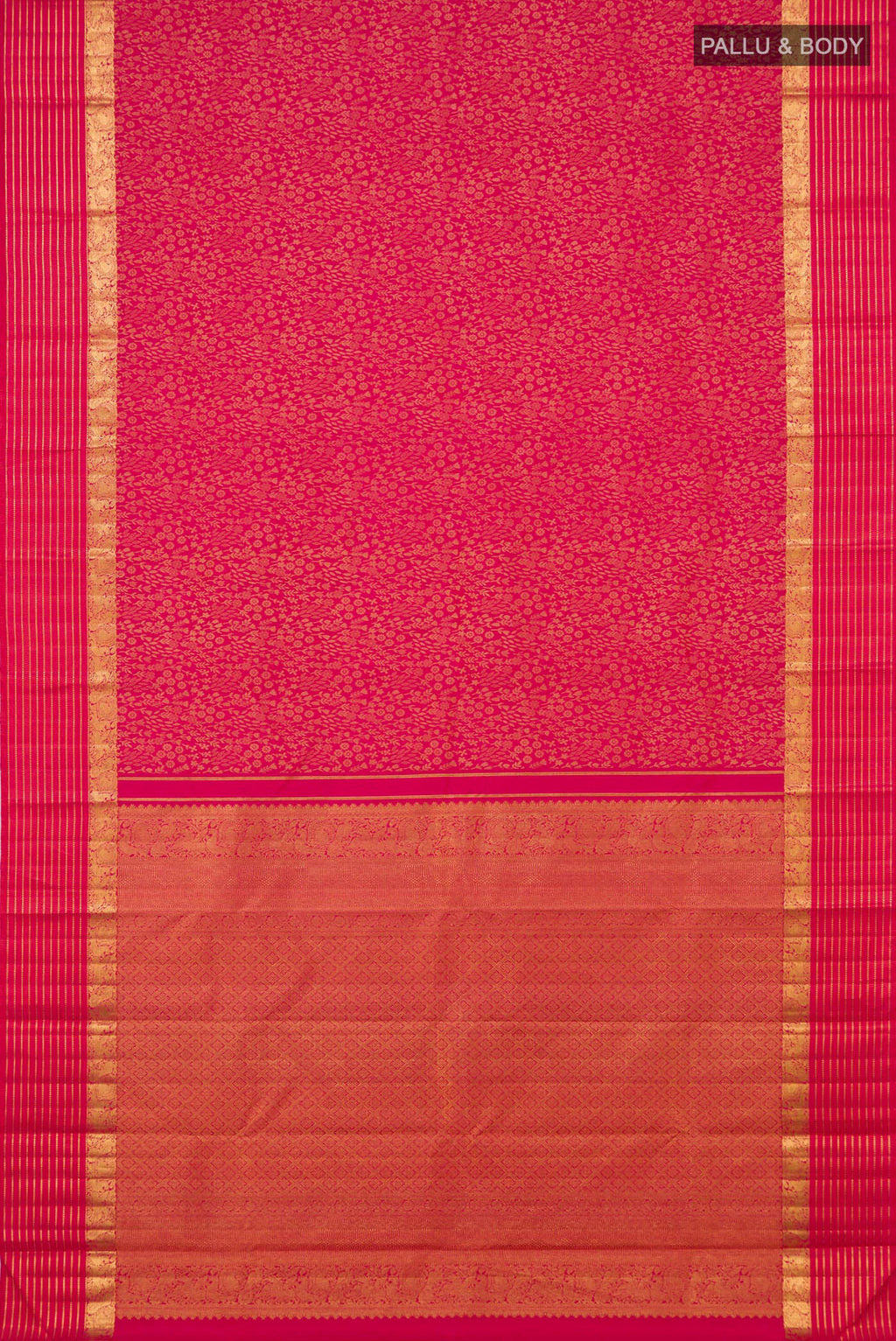 Flat view of Pink Kanjivaram Silk Saree with Jacquard design on the body and Zari Border. 