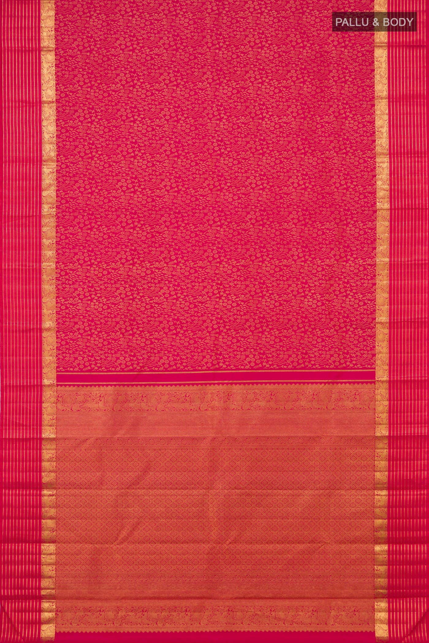 Flat view of Pink Kanjivaram Silk Saree with Jacquard design on the body and Zari Border. 