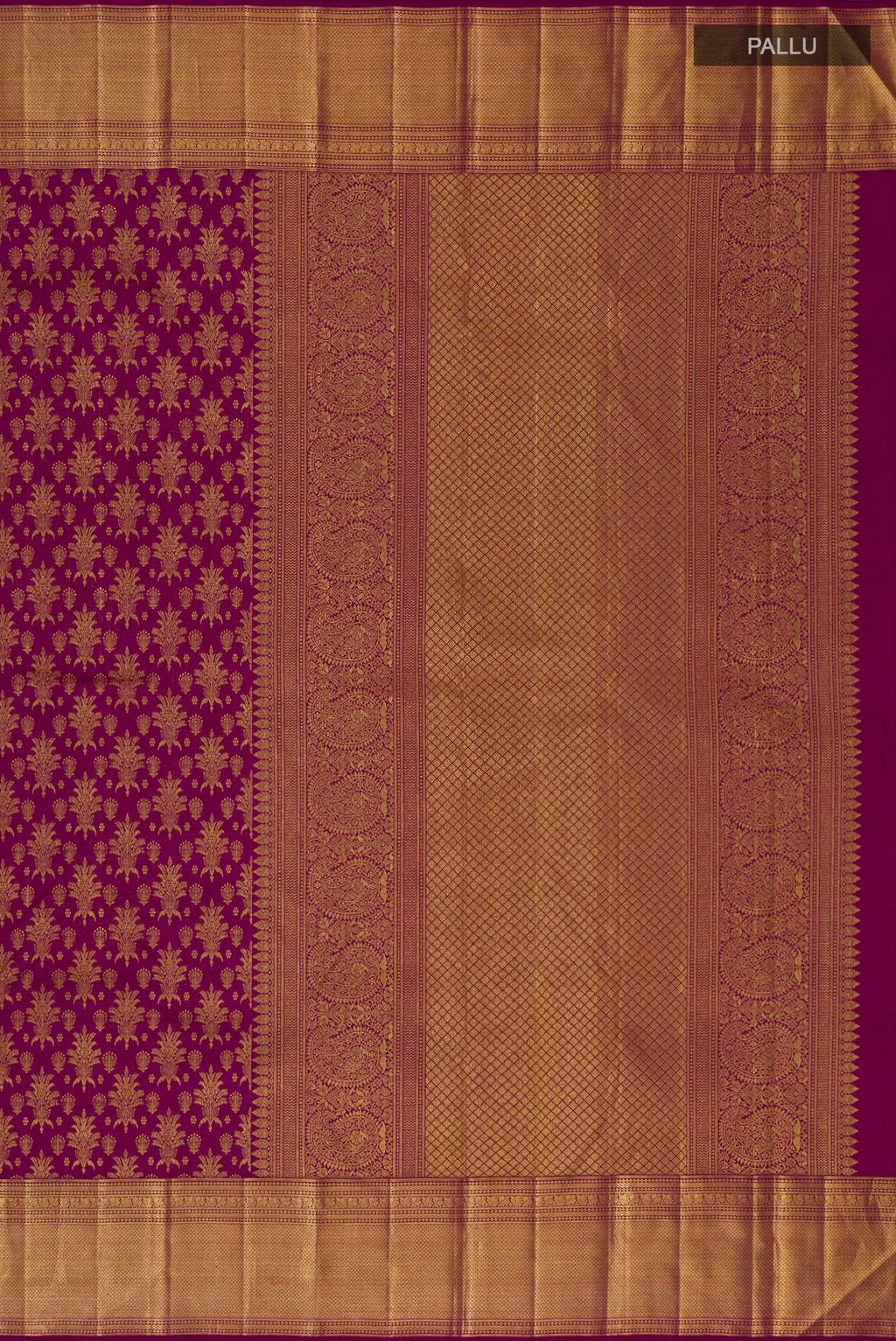 Close up image of the pallu of Purple Kanchipuram Silk Saree with Zari Brocade on the body and Zari Border. 