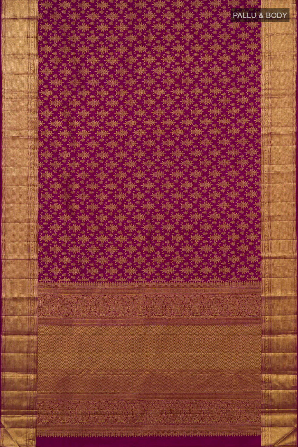 Flat view of Purple Kanchipuram Silk Saree with Zari Brocade on the body and Zari Border. 