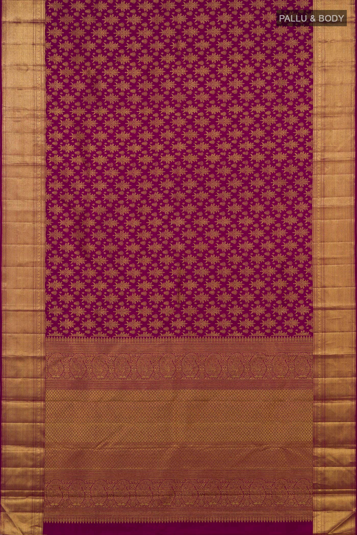 Flat view of Purple Kanchipuram Silk Saree with Zari Brocade on the body and Zari Border. 