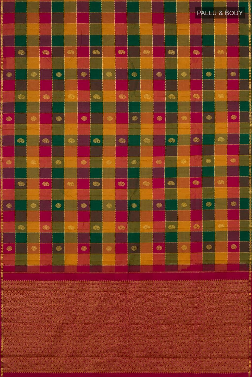 Flat view of Multi Color Kanchipuram Silk Saree with Checked design on the body and Thin Zari Line. 