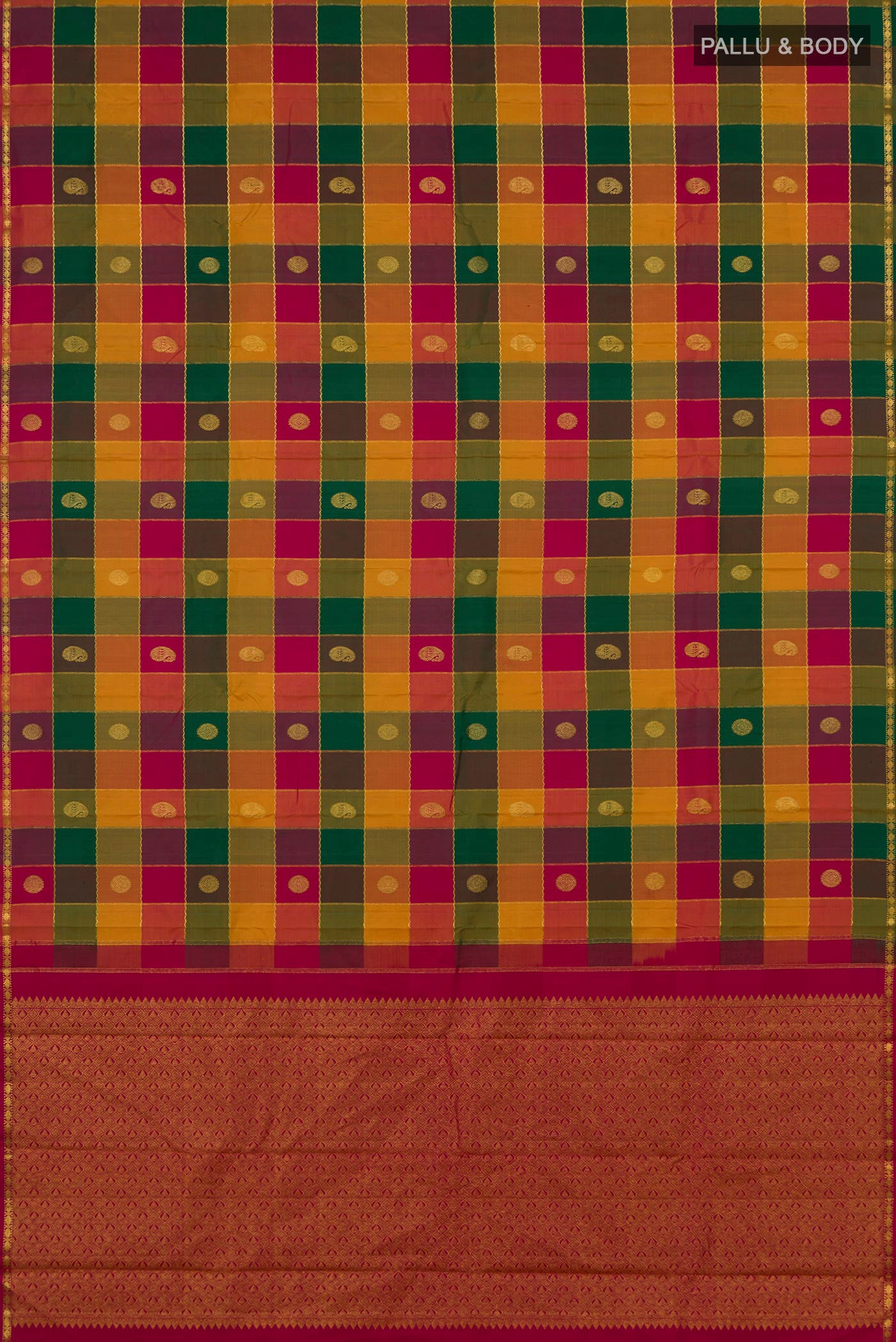 Flat view of Multi Color Kanchipuram Silk Saree with Checked design on the body and Thin Zari Line. 