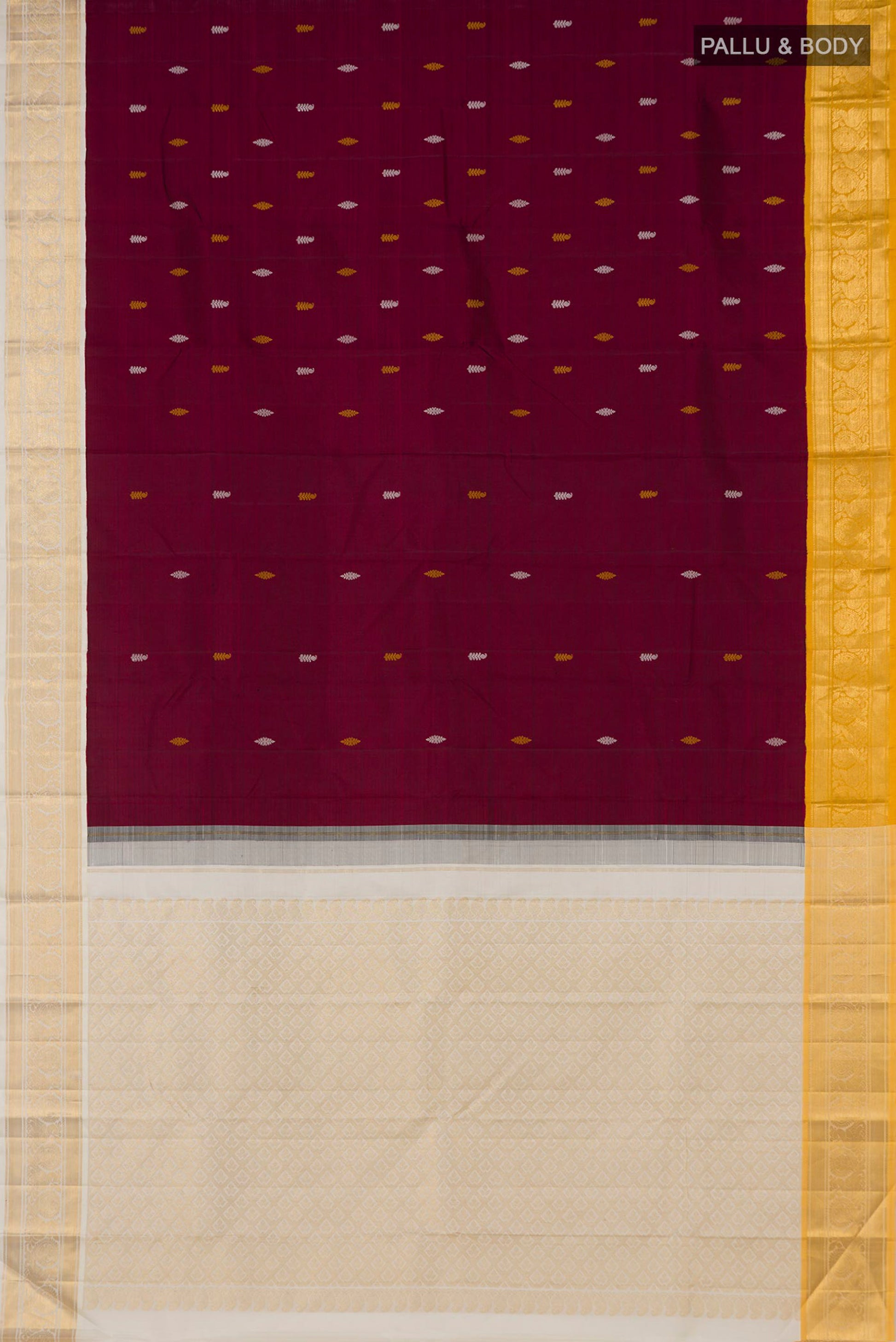 Flat view of Maroon Kanjivaram Silk Saree with Thread Butta on the body and Ganga Jamuna Border. 