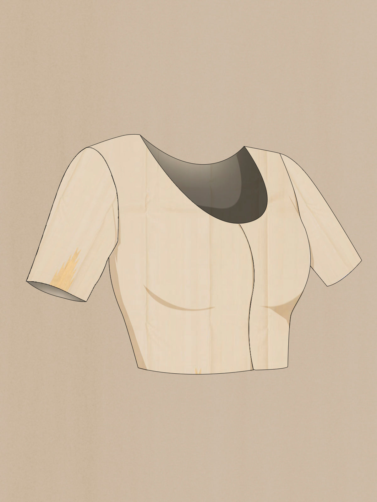 Close up image of the blouse of Pure Silk Cream Kanjivaram Saree with Plain Body and Temple Border. 
