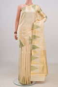 Pure Silk Cream Kanjivaram Saree with Plain Body and Temple Border.  displayed on a mannequin