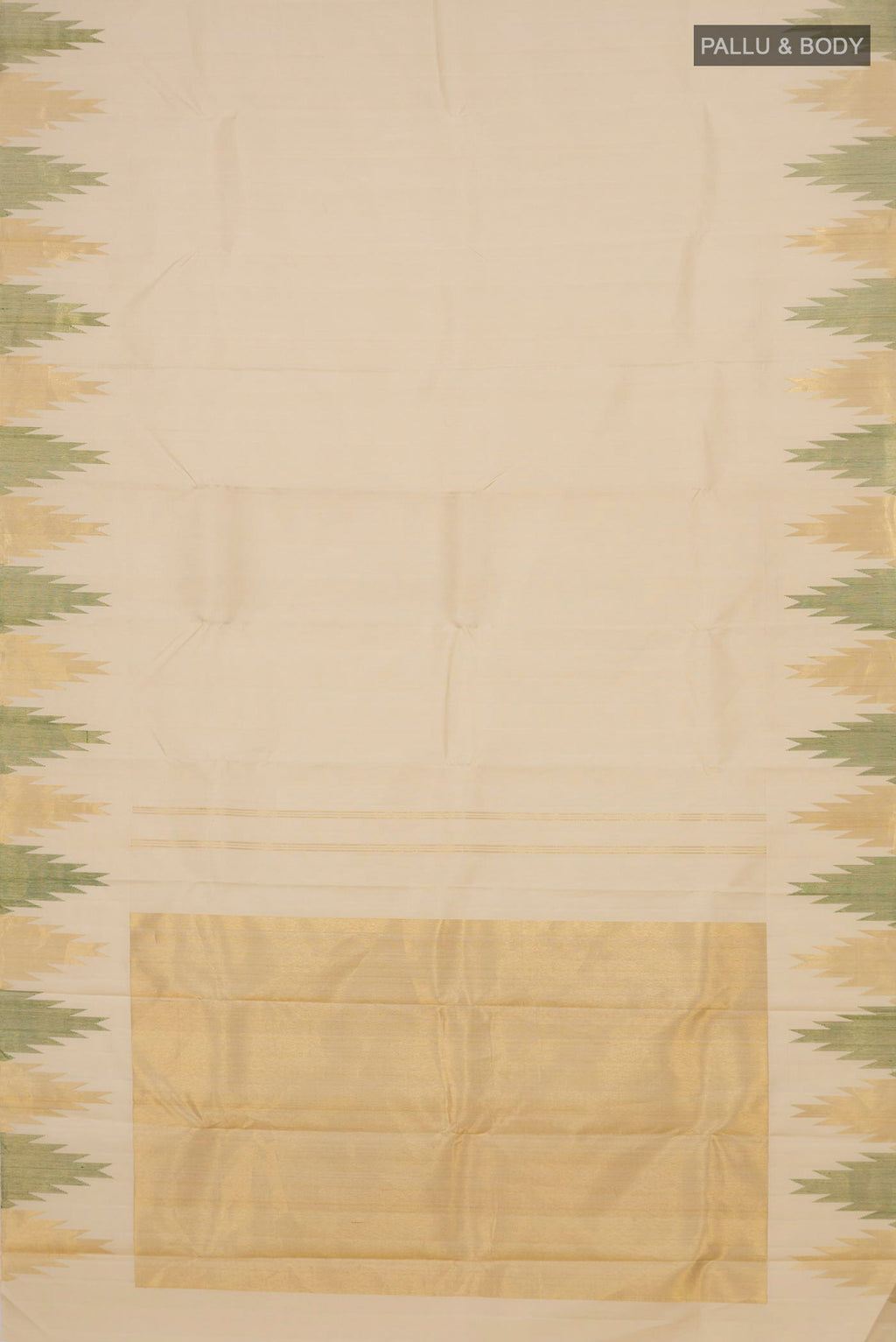 Flat view of Pure Silk Cream Kanjivaram Saree with Plain Body and Temple Border. 