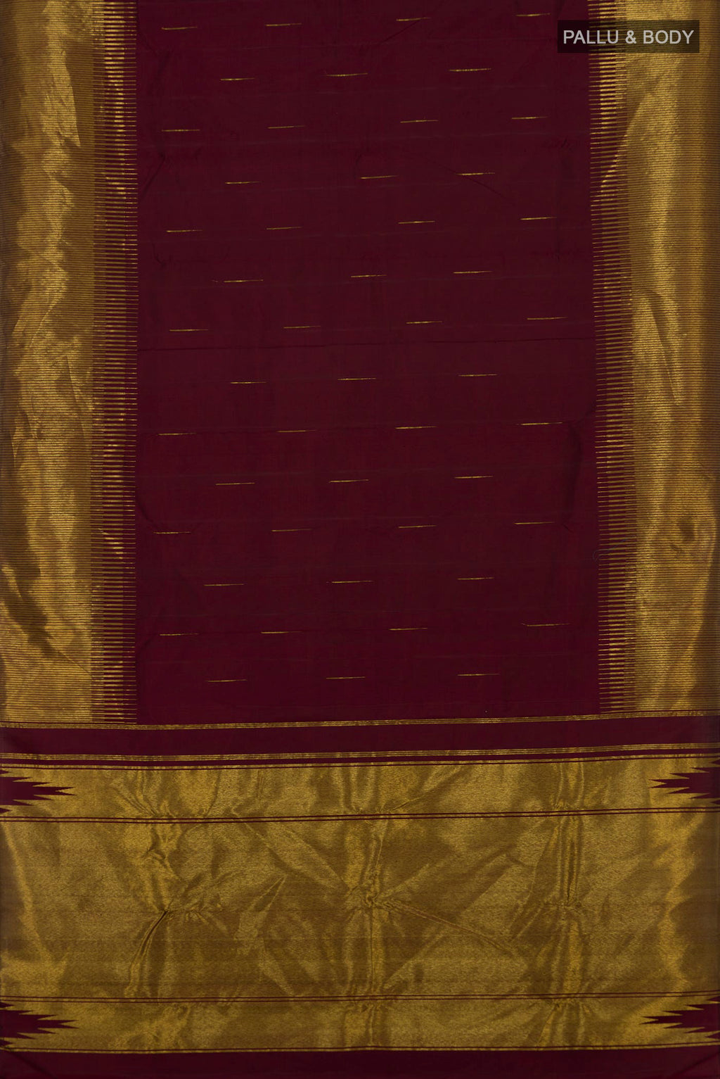 Flat view of Maroon Kanjivaram Silk Saree with Zari Butta on the body and Fancy Border. 