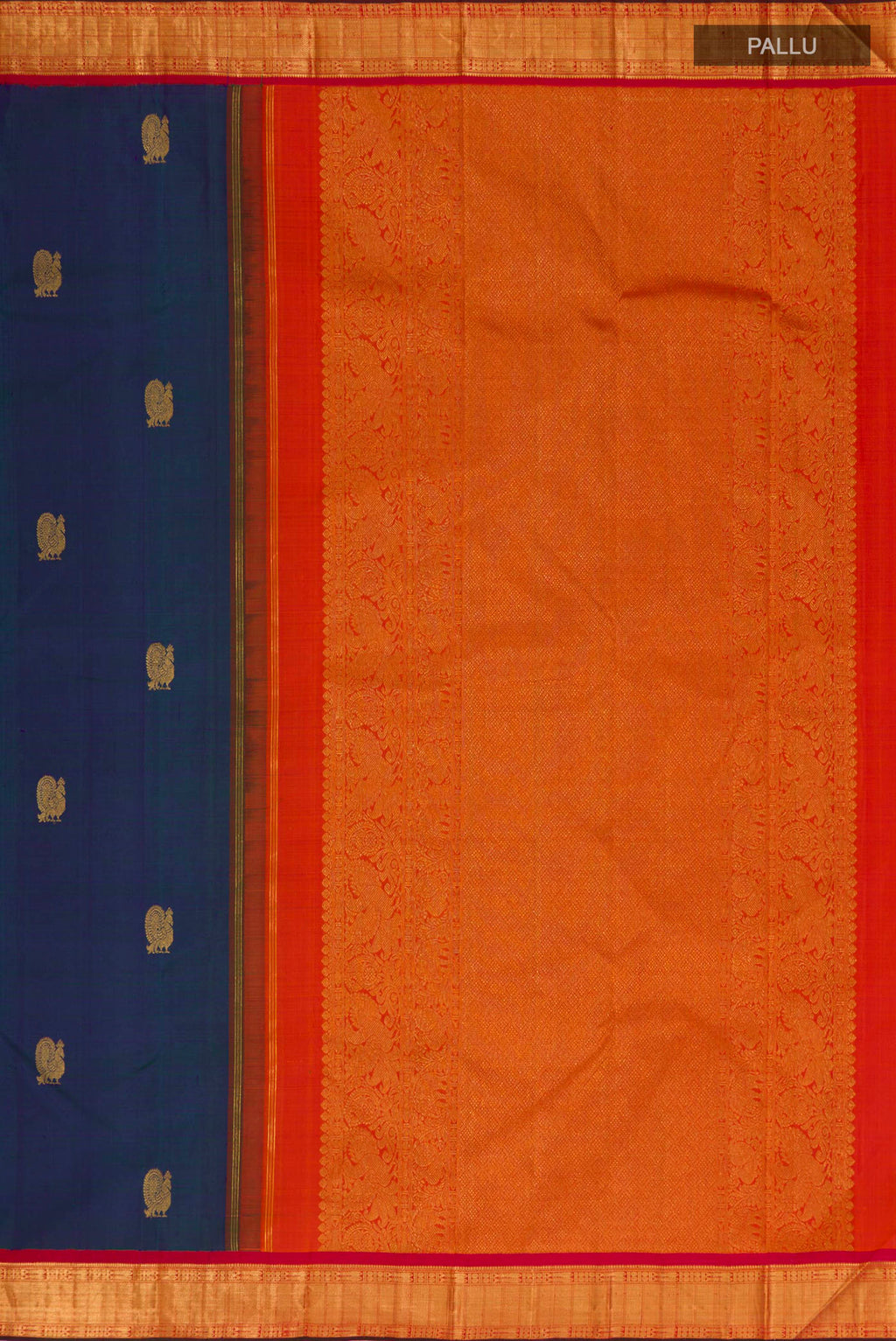 Close up image of the pallu of Peacock Blue Kanjivaram Silk Saree with Zig Zag design on the body and Zari Border. 