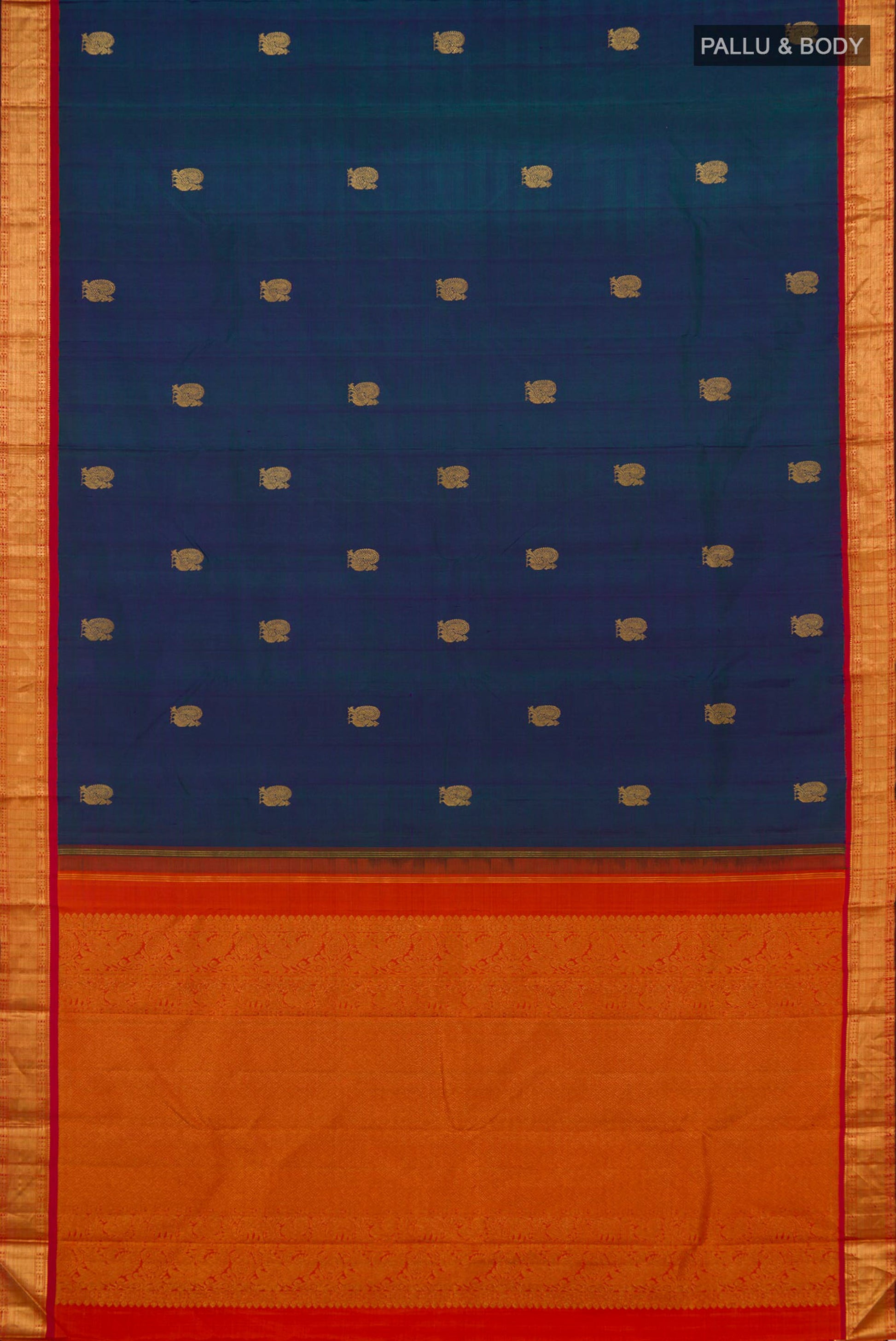 Flat view of Peacock Blue Kanjivaram Silk Saree with Zig Zag design on the body and Zari Border. 