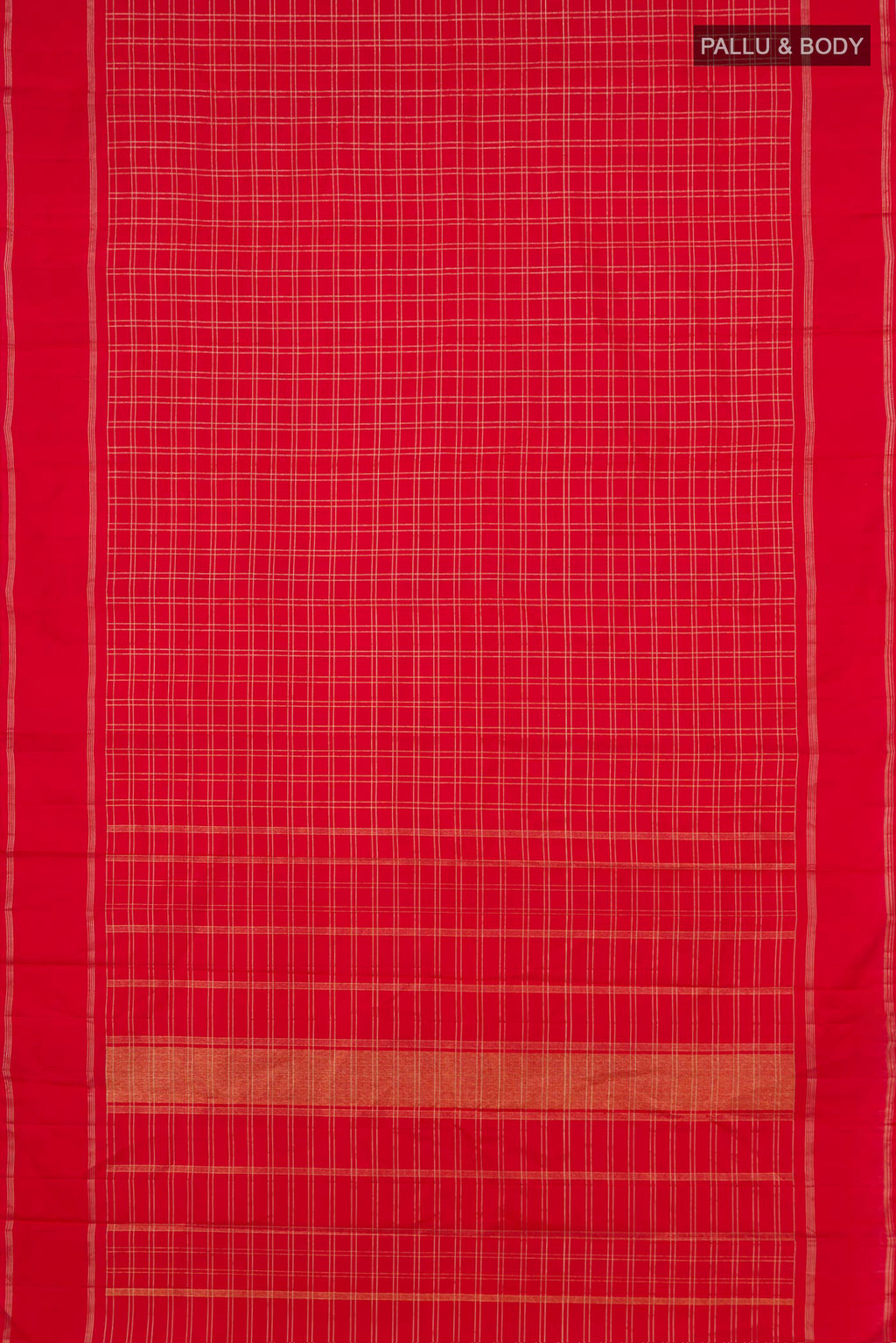 Flat view of Red Kanchipuram Silk Saree with Checked design on the body and Plain Border. 