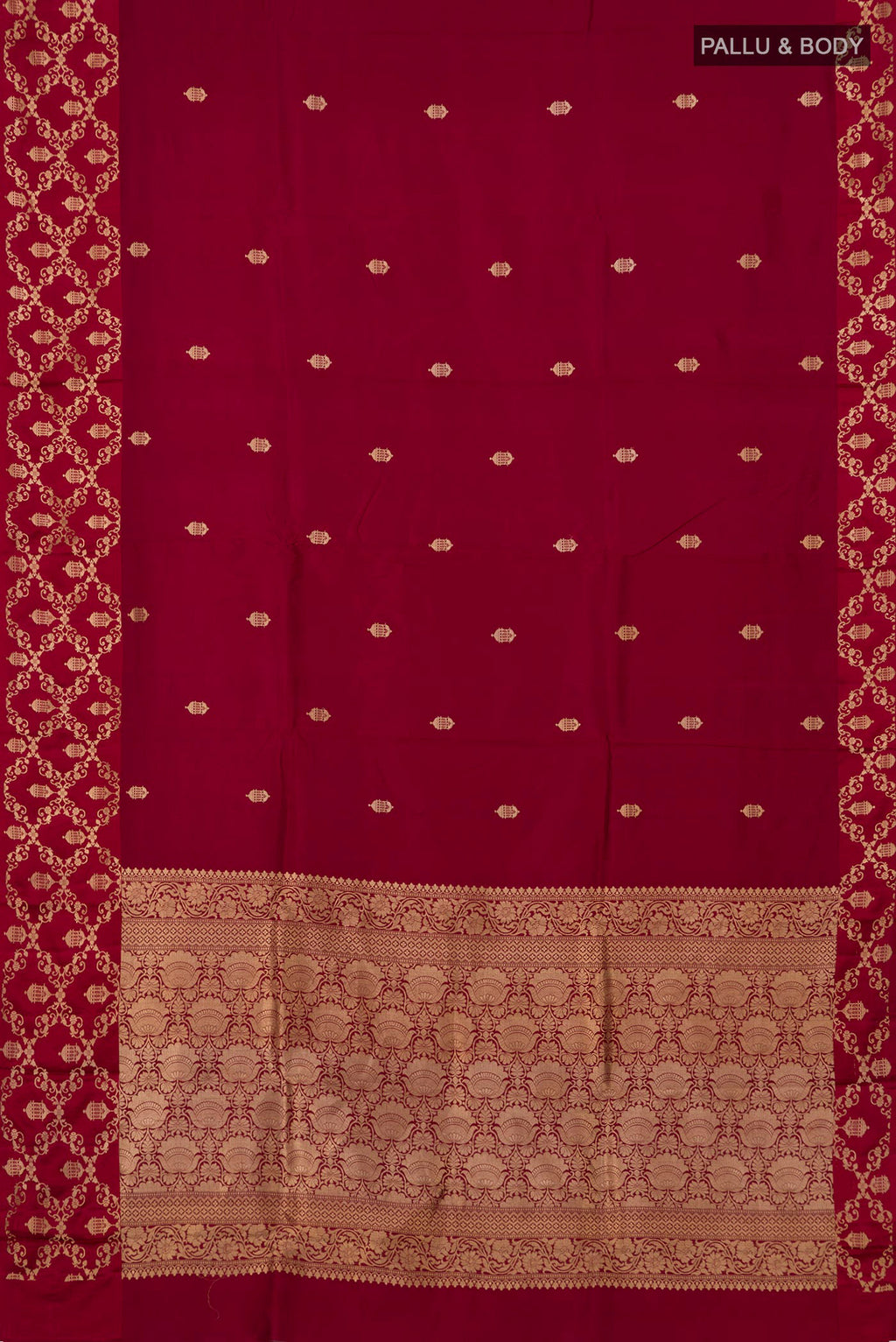 Flat view of Maroon Banarasi Katan Silk Saree with Zari Butta on the body and Fancy Border. 
