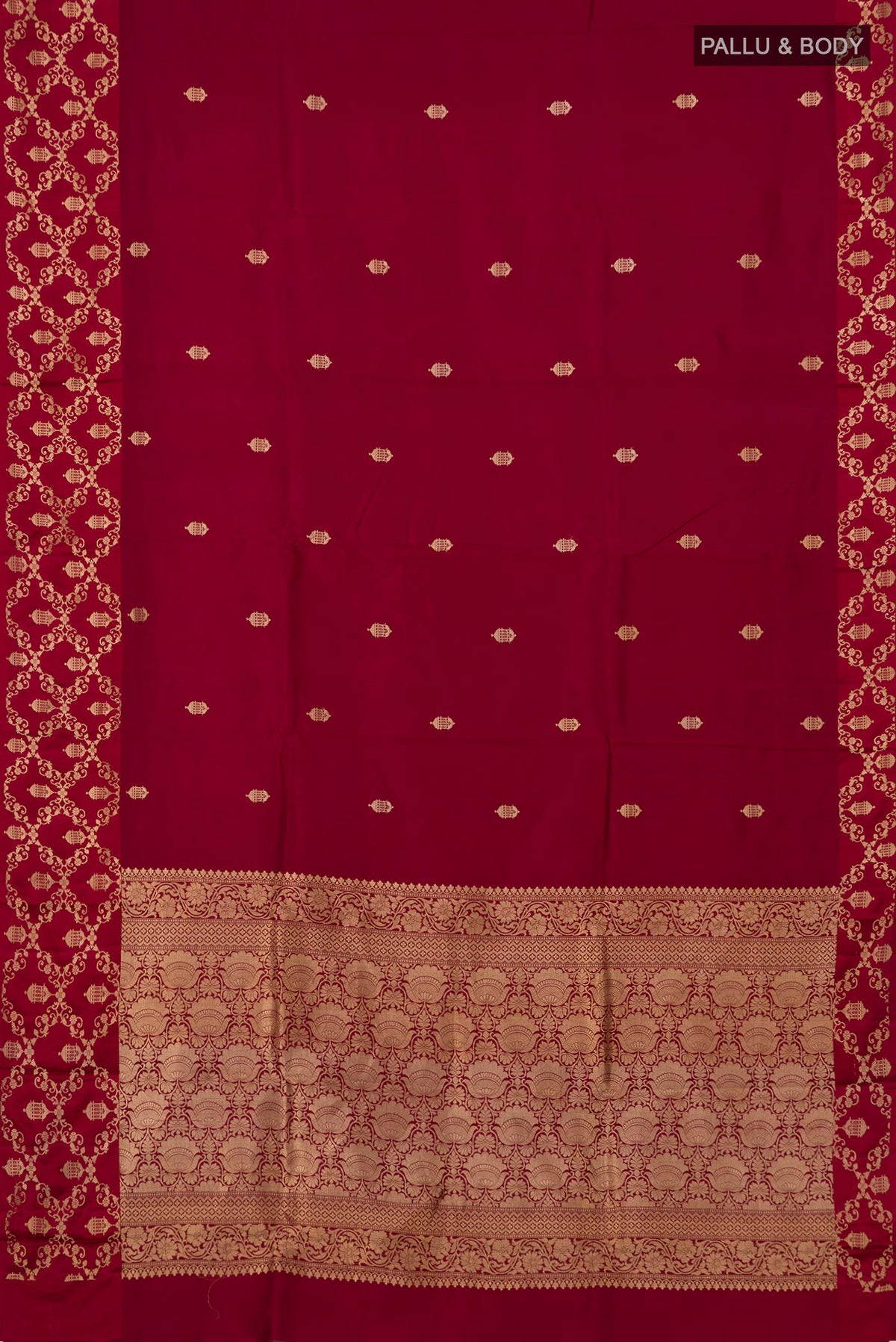 Flat view of Maroon Banarasi Katan Silk Saree with Zari Butta on the body and Fancy Border. 