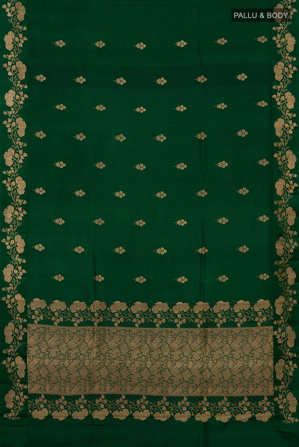 Flat view of Bottle Green Banarasi Katan Silk Saree with Zari Butta on the body and Fancy Border. 