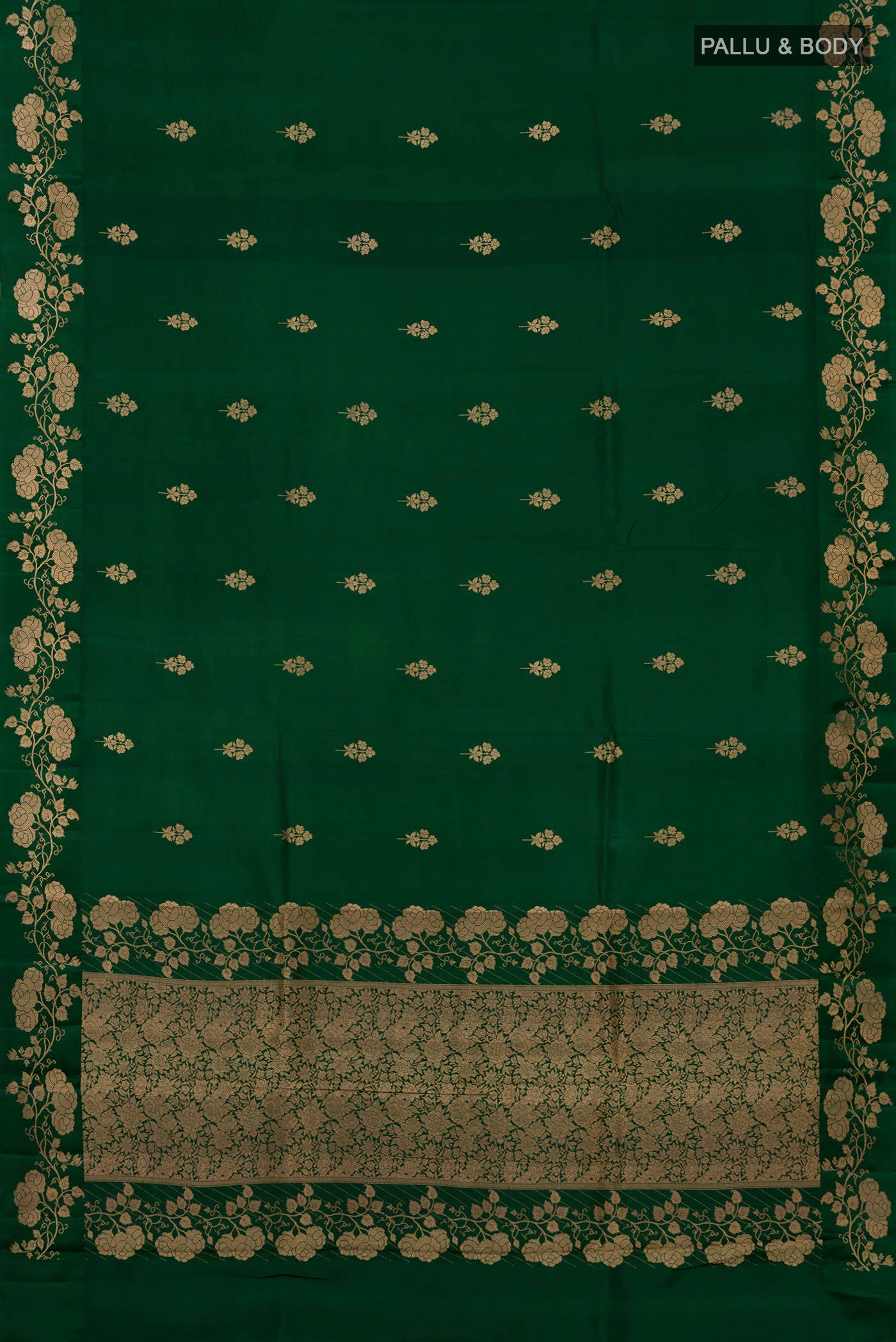 Flat view of Bottle Green Banarasi Katan Silk Saree with Zari Butta on the body and Fancy Border. 
