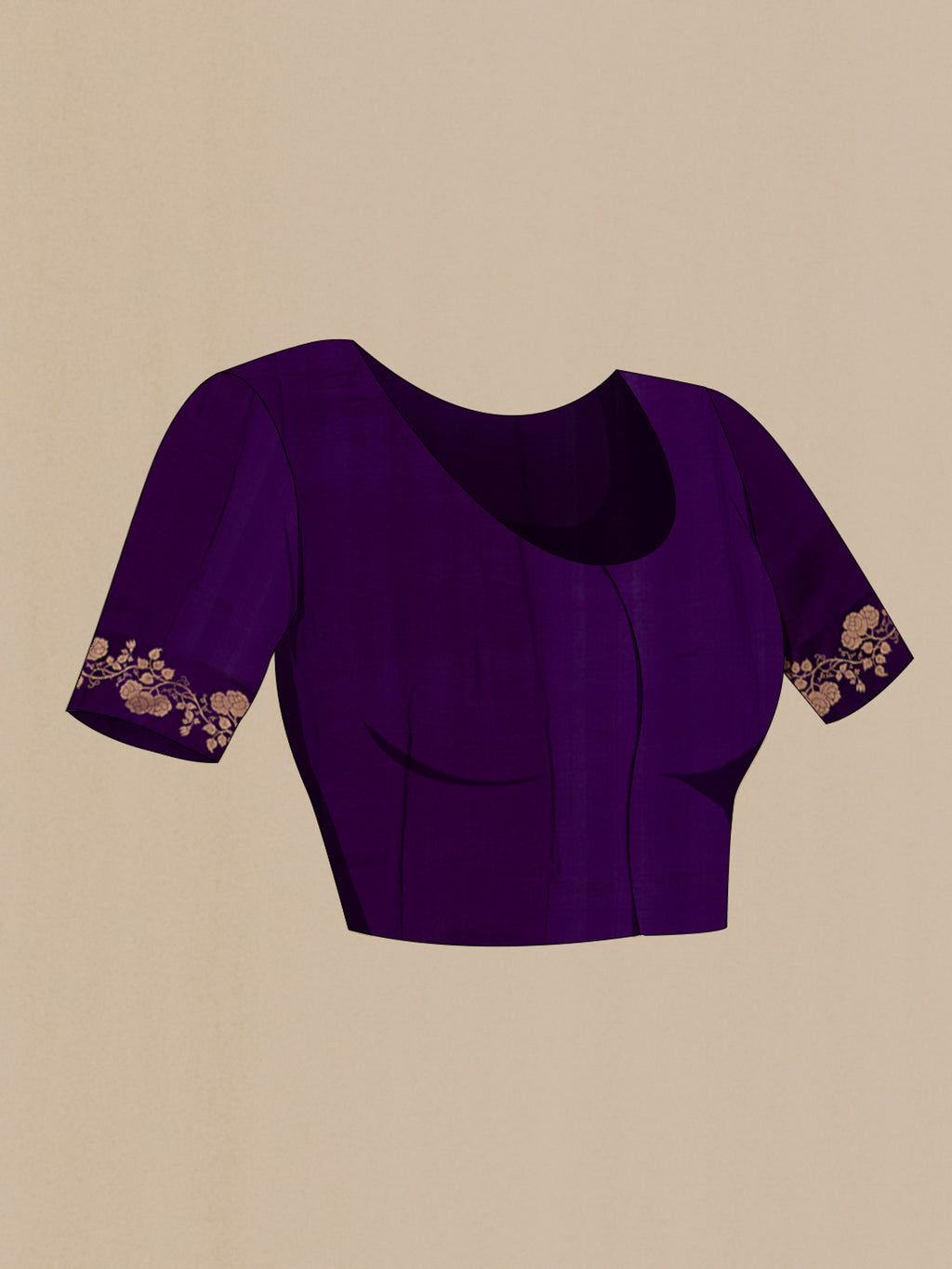 Close up image of the blouse of Violet Banarasi Katan Silk Saree with Zari Butta on the body and Fancy Border. 
