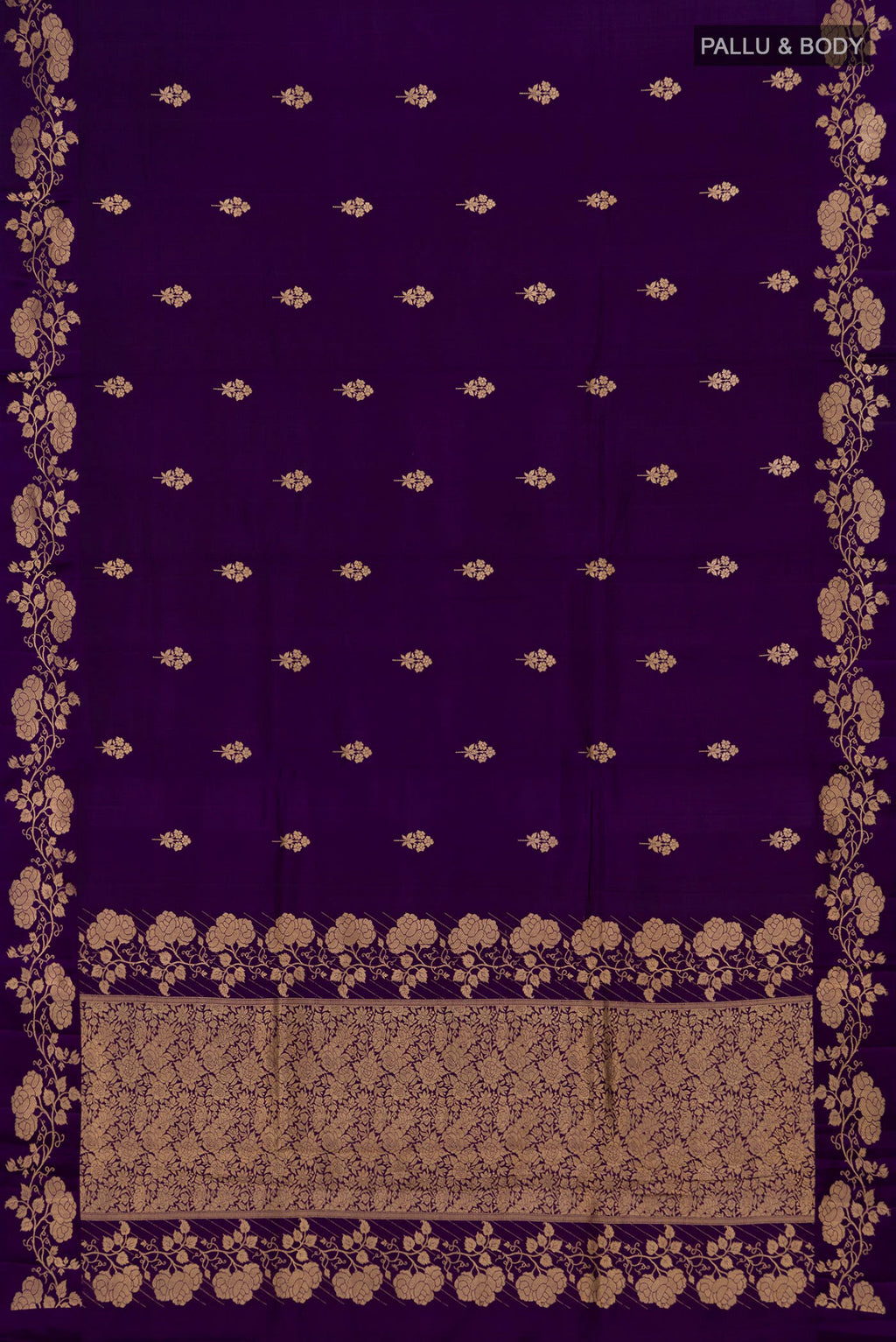 Flat view of Violet Banarasi Katan Silk Saree with Zari Butta on the body and Fancy Border. 