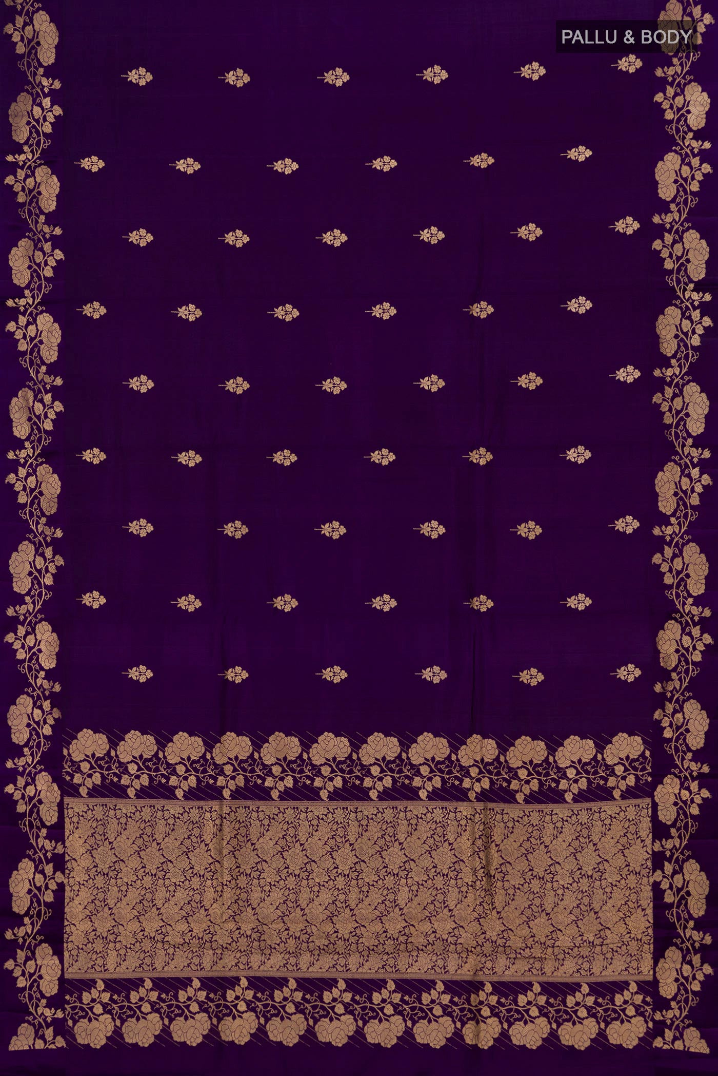 Flat view of Violet Banarasi Katan Silk Saree with Zari Butta on the body and Fancy Border. 