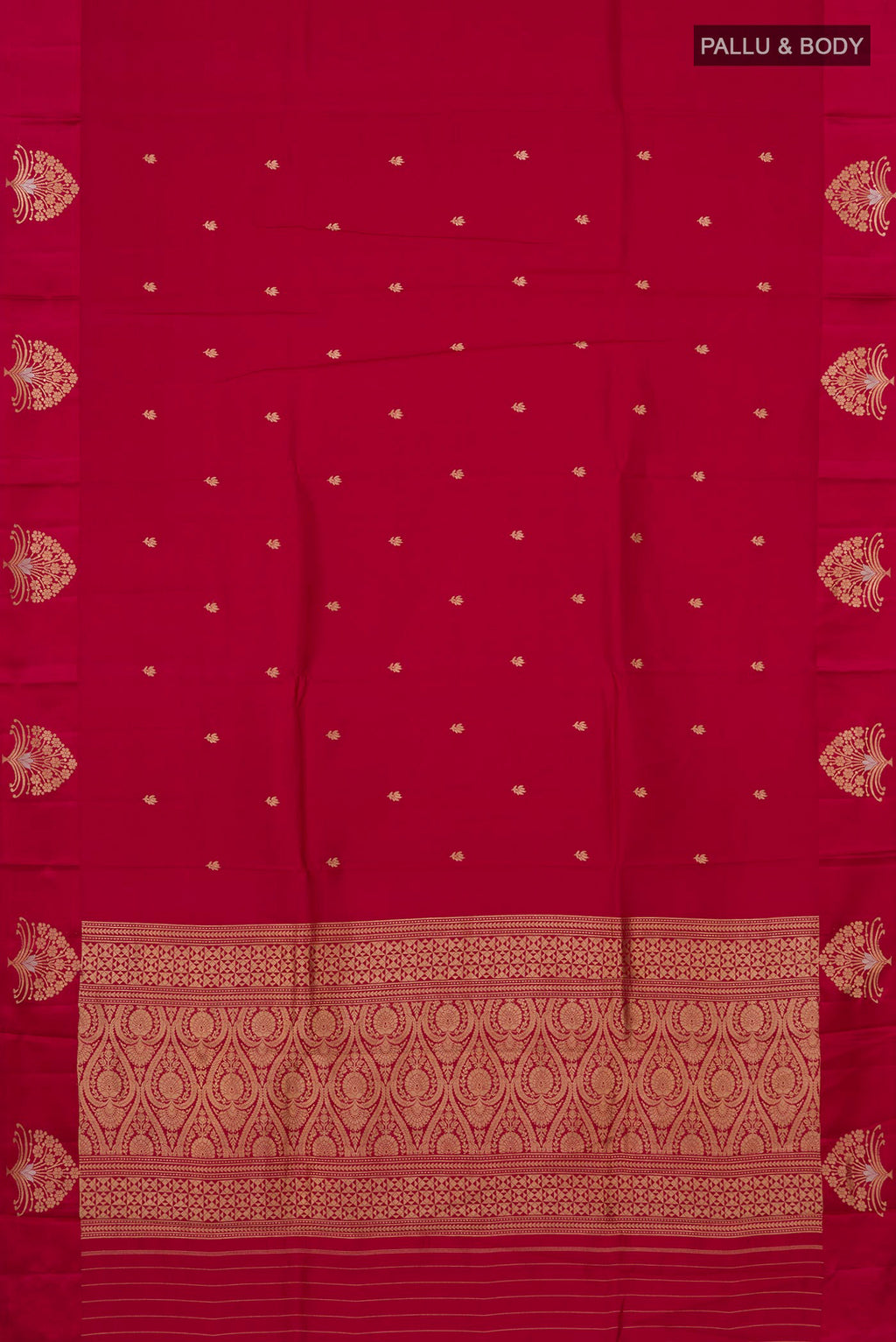 Flat view of Maroon Banarasi Katan Silk Saree with Zari Butta on the body and Fancy Border. 