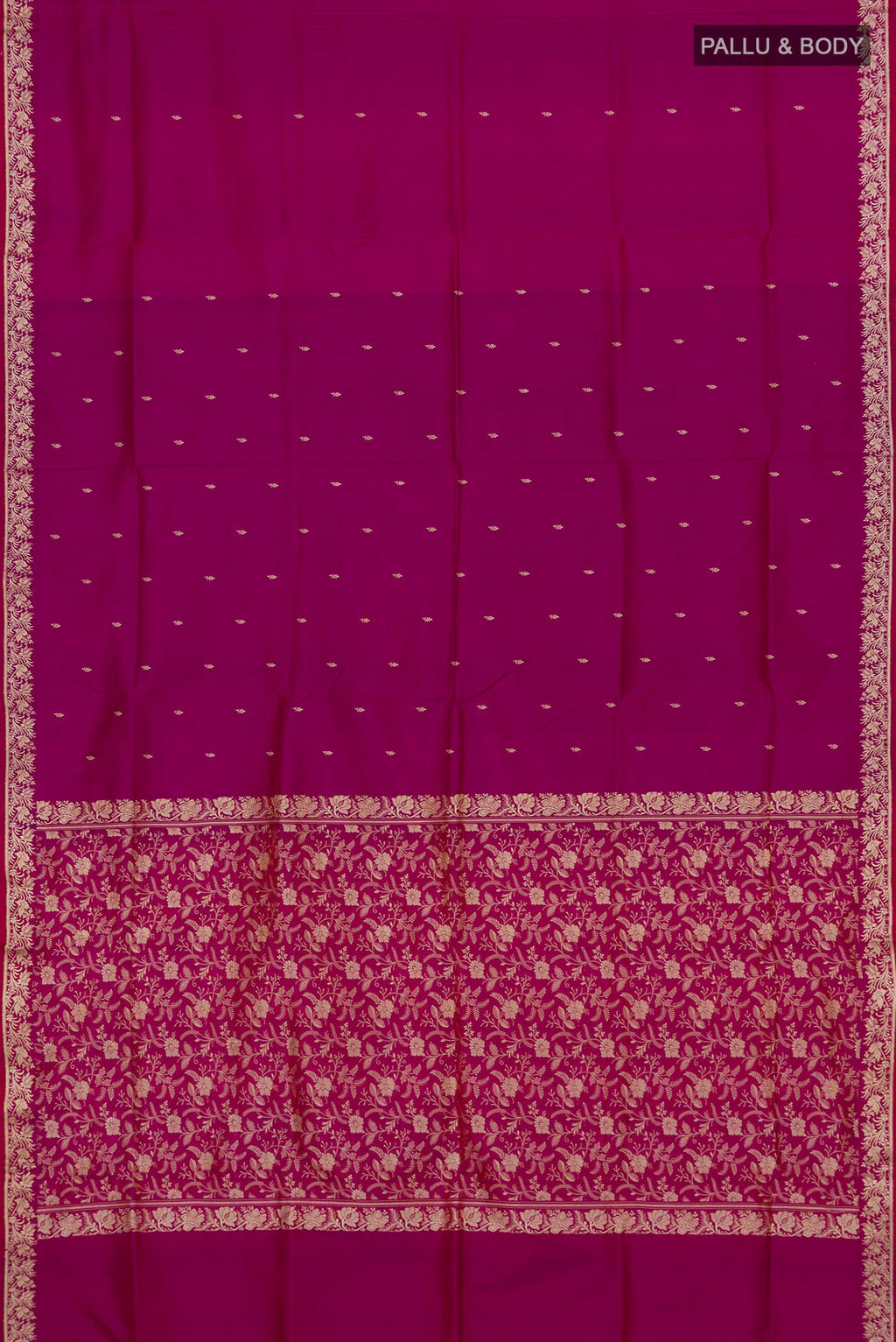 Flat view of Pure Silk Magenta Banarasi Katan Saree with Thread Butta on the body and Thread Border. 