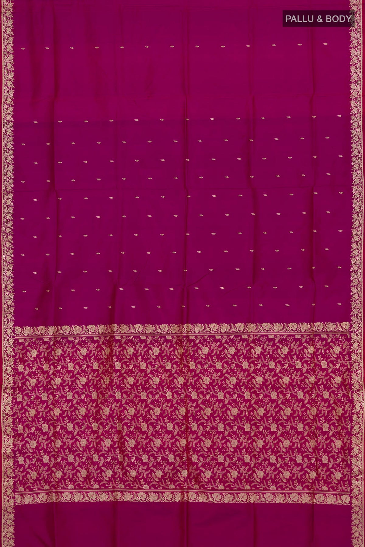 Flat view of Pure Silk Magenta Banarasi Katan Saree with Thread Butta on the body and Thread Border. 